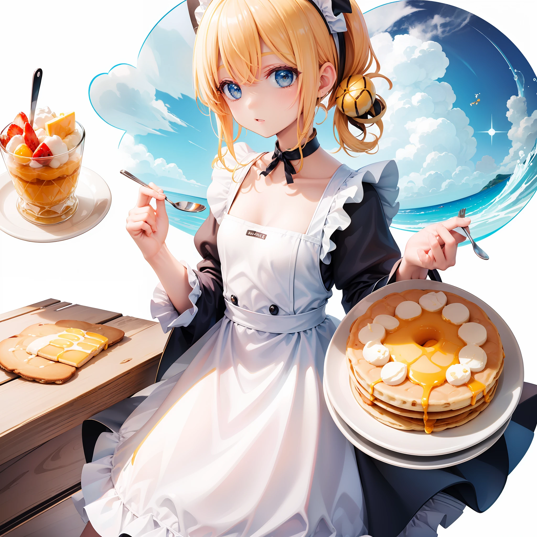 [(white background:1.5)::5], isometric, mid shot, full body,1girl, chibi, cute,((best quality)), ((masterpiece)), (extreme detailed, highest detailed, official art, beautiful ,aesthetic),honey bee themed, honey, dressed in a ((sky blue maid dress,)) white headdress, golden bells, choker, background is full of breakfast food items like: pancakes, eggs, bacon, white bread slices, coffee, milk, cereal, and others, kitchen or cafe themed, with small bumblebees flying around