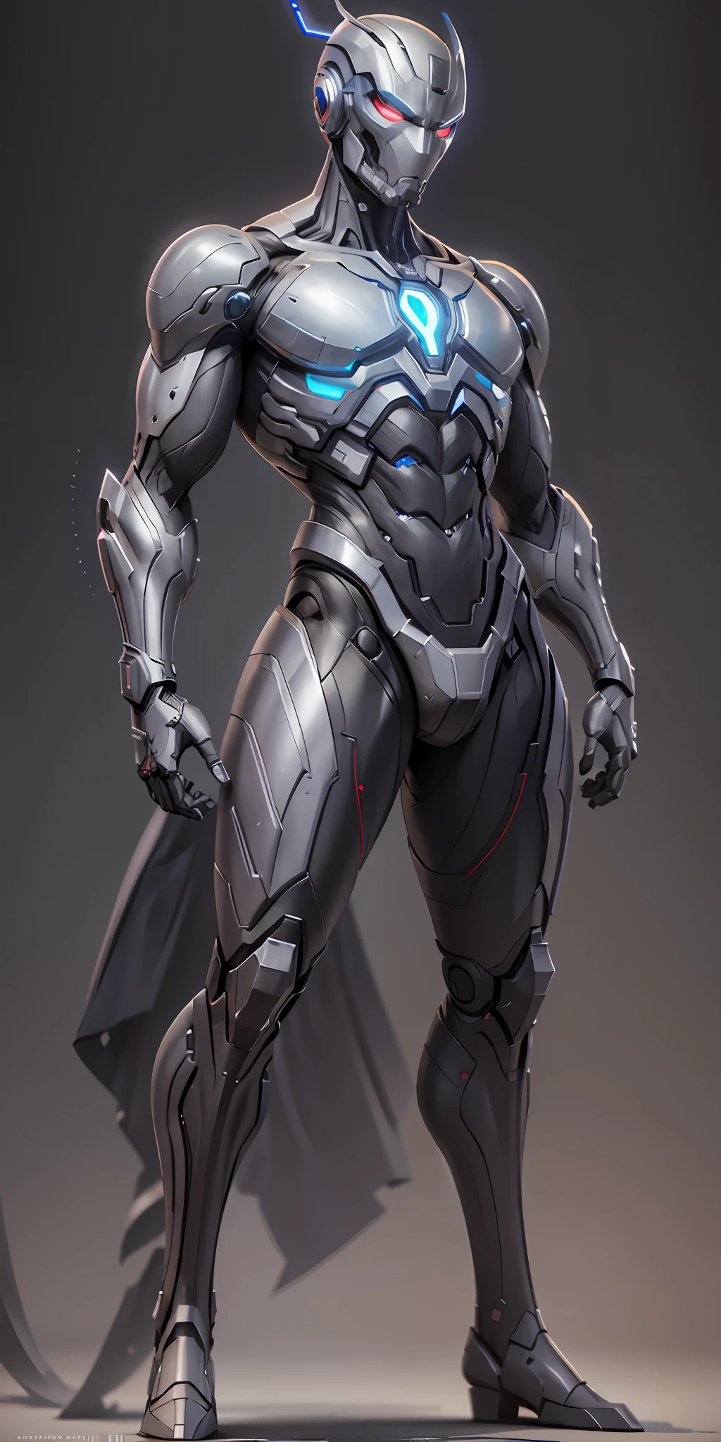 Ultron from Marvel, frontal, full-length, looking at the camera, facing the audience, standing pose, simple background, three-dimensional light, detailed full-body concept, sleek digital concept art, beautiful full-body concept art, art trend, full-length CGsociety,