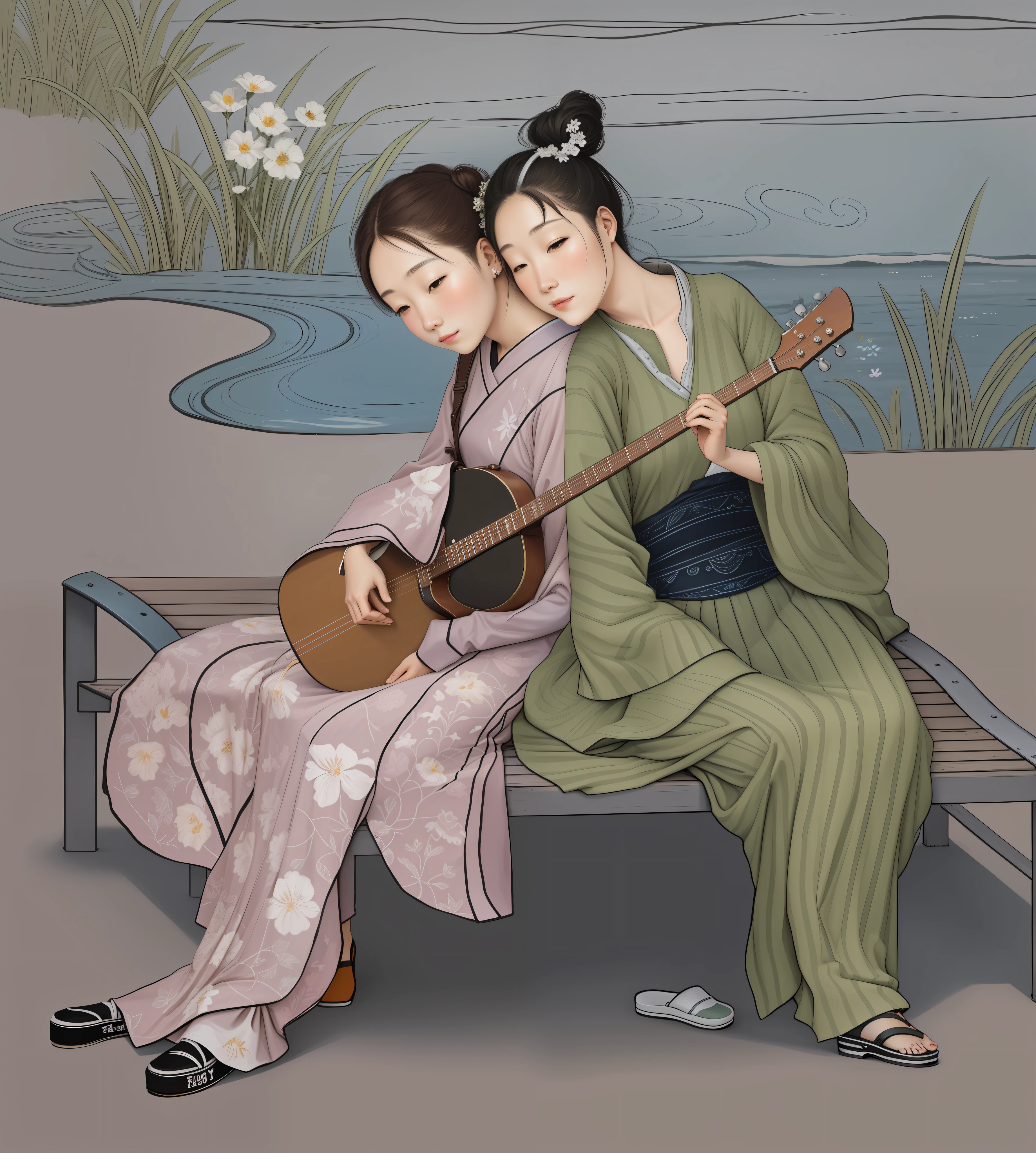 Painting of two women sitting on bench playing musical instruments, Yang J