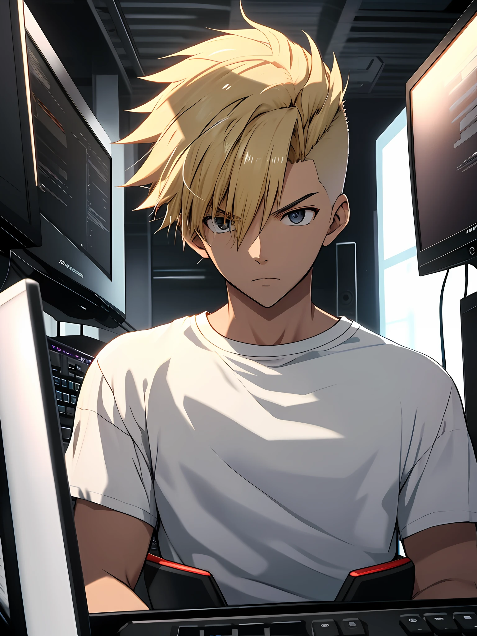 A young man stares intently at a computer monitor. Ultra high resolution, 8K image, blonde soft mohawk, black eyes, young man in white T-shirt, indoor background with lots of equipment, beautiful eyes, beautiful hands, Makoto Shinkai's image quality,