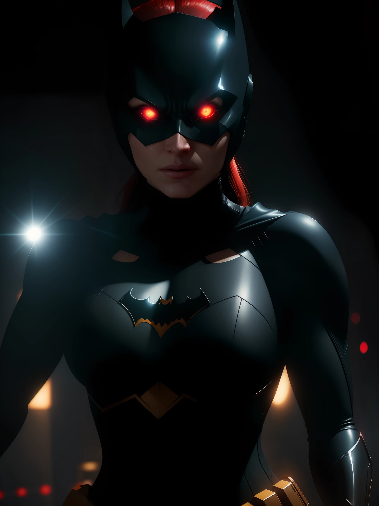 Movie scene, close-up shot of Woman dressed as Batman Beyond from DC, distorted space, distorted undead in the background, lens flares, light shafts, intricate details, highly detailed, volumetric lighting, 4k rendering, stock photo, hyperrealistic, realistic textures, dramatic lighting, Unreal Engine