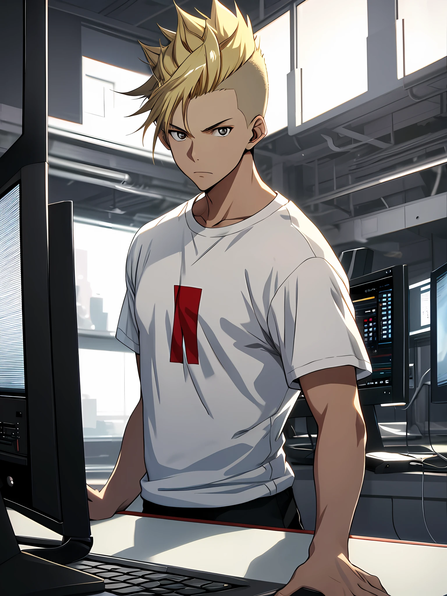 A young man stares intently at a computer monitor. Ultra high resolution, 8K image, blonde soft mohawk, black eyes, young man in white T-shirt, indoor background with lots of equipment, beautiful eyes, beautiful hands, Makoto Shinkai's image quality,