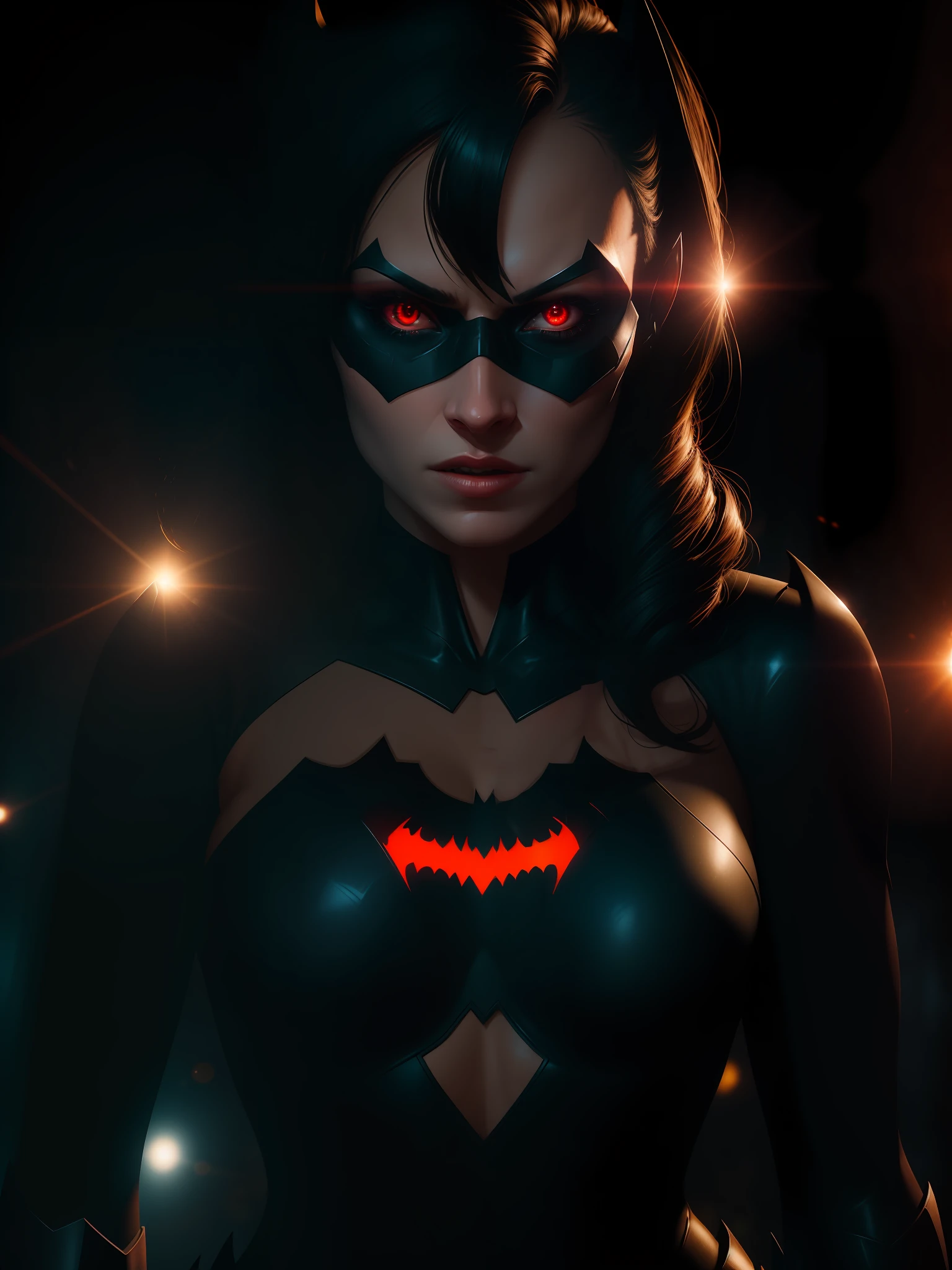 Movie scene, close-up shot of Woman dressed as Batman Beyond from DC, distorted space, distorted undead in the background, lens flares, light shafts, intricate details, highly detailed, volumetric lighting, 4k rendering, stock photo, hyperrealistic, realistic textures, dramatic lighting, Unreal Engine