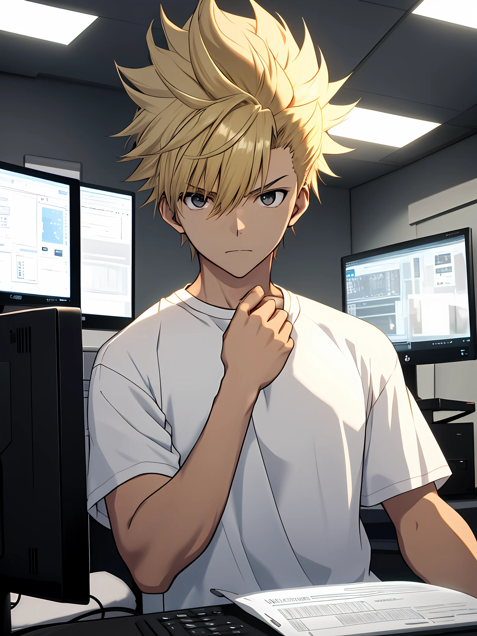 A young man stares intently at a computer monitor. Ultra high resolution, 8K image, blonde soft mohawk, black eyes, young man in white T-shirt, indoor background with lots of equipment, beautiful eyes, beautiful hands, Makoto Shinkai's image quality,