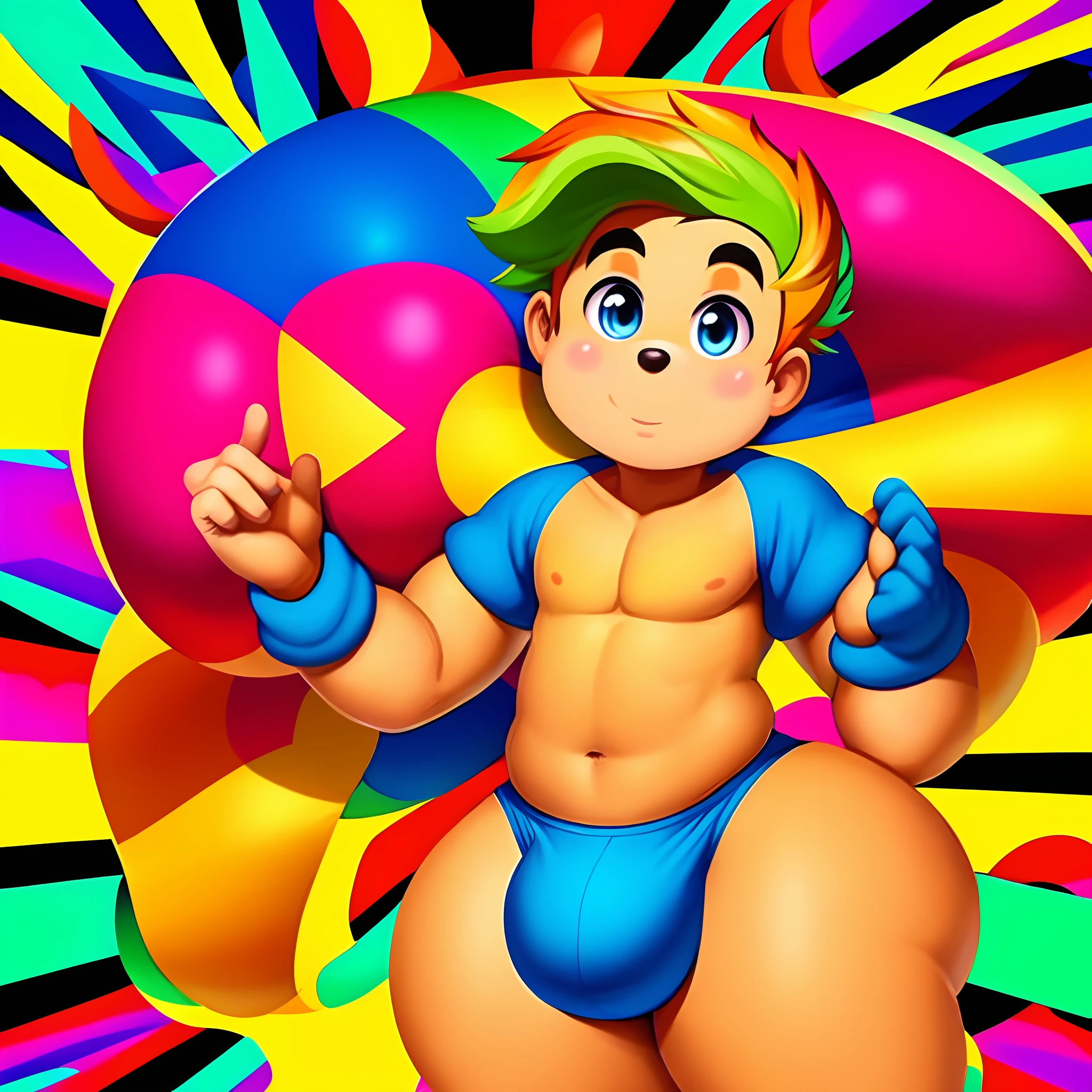 a cute boy with big bum and big bulge, posing confidently in front of a vibrant and dynamic backdrop.