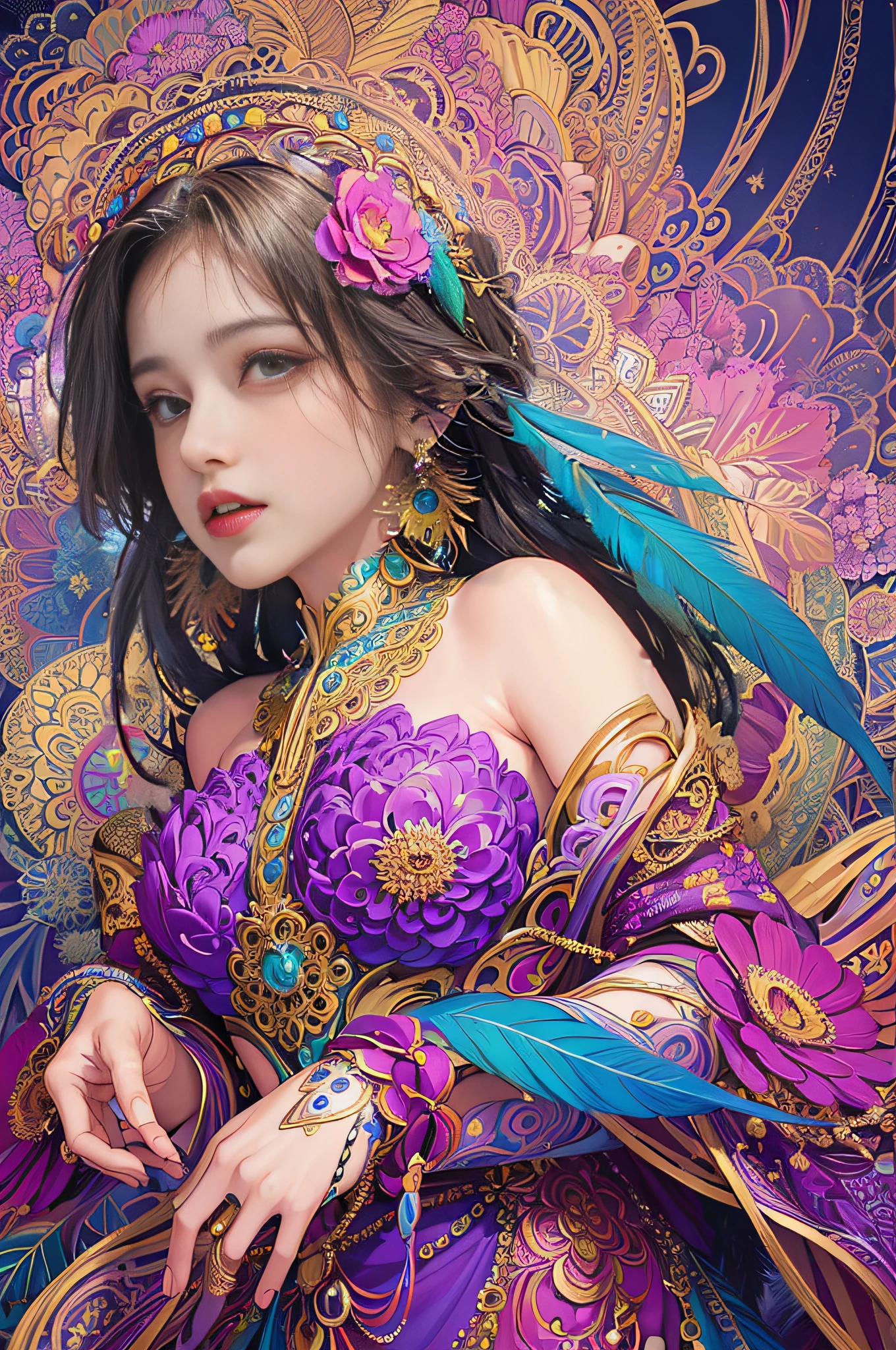 (masterpiece, top quality, best quality, official art, beautiful and aesthetic:1.2), (1girl:1.3), extremely detailed,(fractal art:1.1),(colorful:1.1)(flowers:1.3),highest detailed,(zentangle:1.2), (dynamic pose), (abstract background:1.3),  (shiny skin), (many colors:1.4), ,(earrings:1.4),  (feathers:1.4)