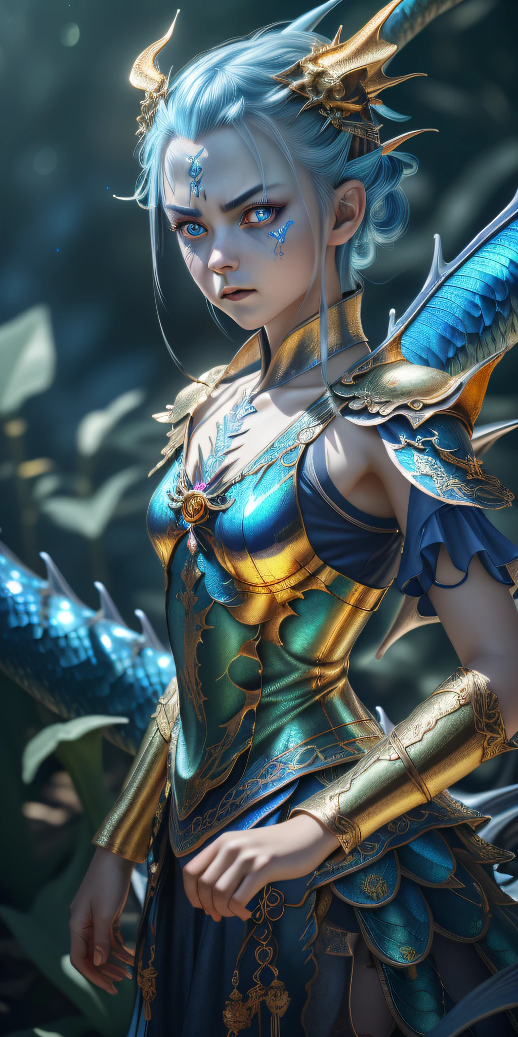 German Fairy, (RAW Photo, Realistic, Photorealistic), 1girl (\) and (((metallic)) Iris Blue Dragon, Girl, Pan, Glaring Dragon Pan, Slim, Xianxia Style, Cinematic Lighting, Accent Lighting, Strong Rim Light, dramatic_shadow, ray_ tracing、8k、hdr
