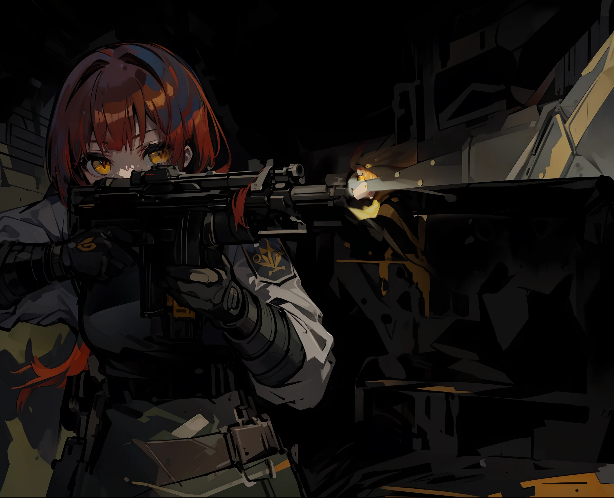 1girl, Slavic Girl. (masterpiece:1.2), (best quality:1.3), holding assault rifle, light, inside naval vessel, dark metal chamber, hazmat suit, cosmonaut, ev suit, (red hair), (yellow eyes), (pony tail), (long bangs),