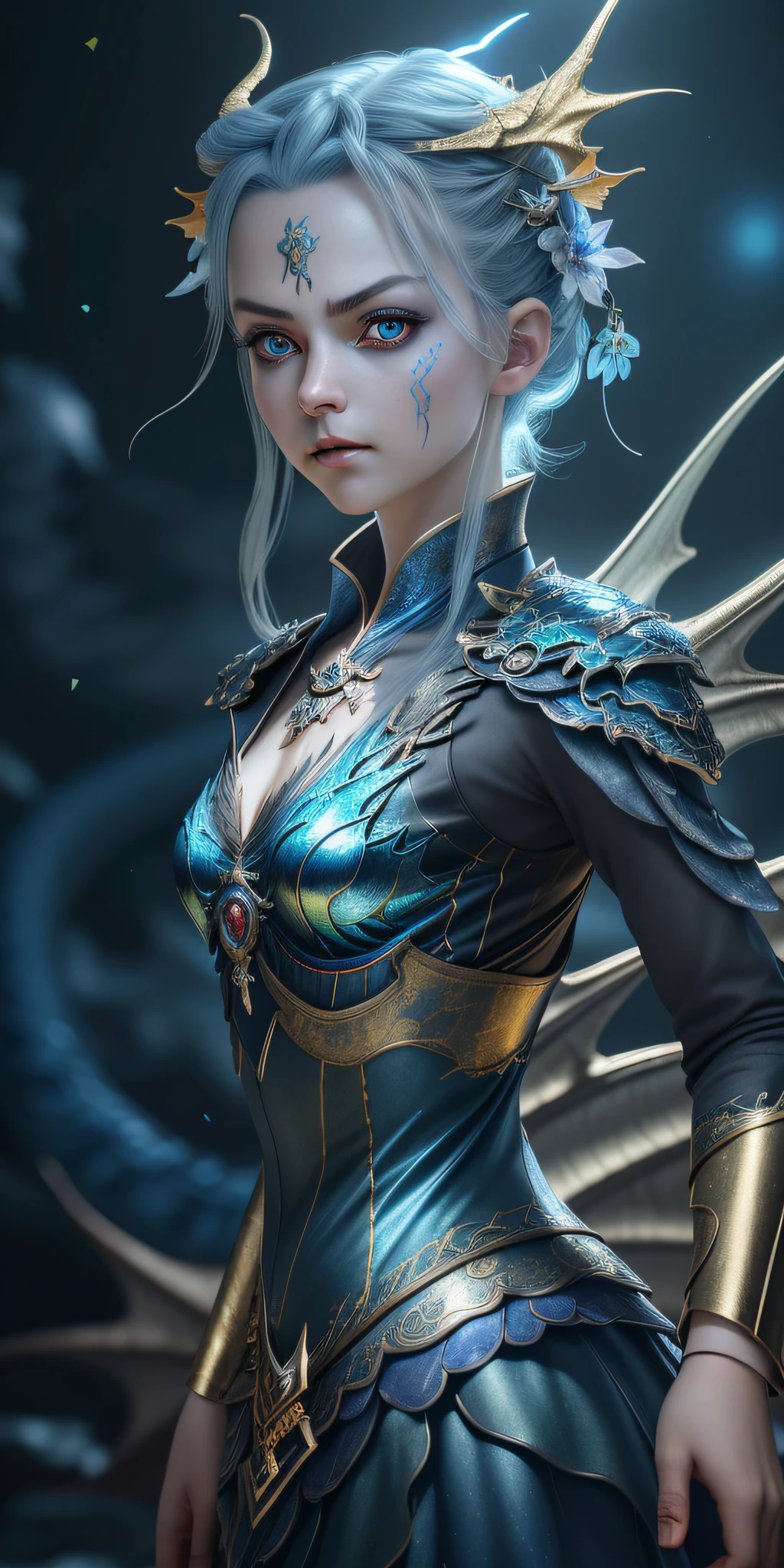 German Fairy, (RAW Photo, Realistic, Photorealistic), 1girl\(\) and (((metallic)) Iris Blue Dragon, German girl, pan, glaring dark gray background, dragon pan, slim, Xianxia style, cinematic lighting, accent lighting, strong rim light, dramatic_shadow, ray_ tracing、8k、hdr