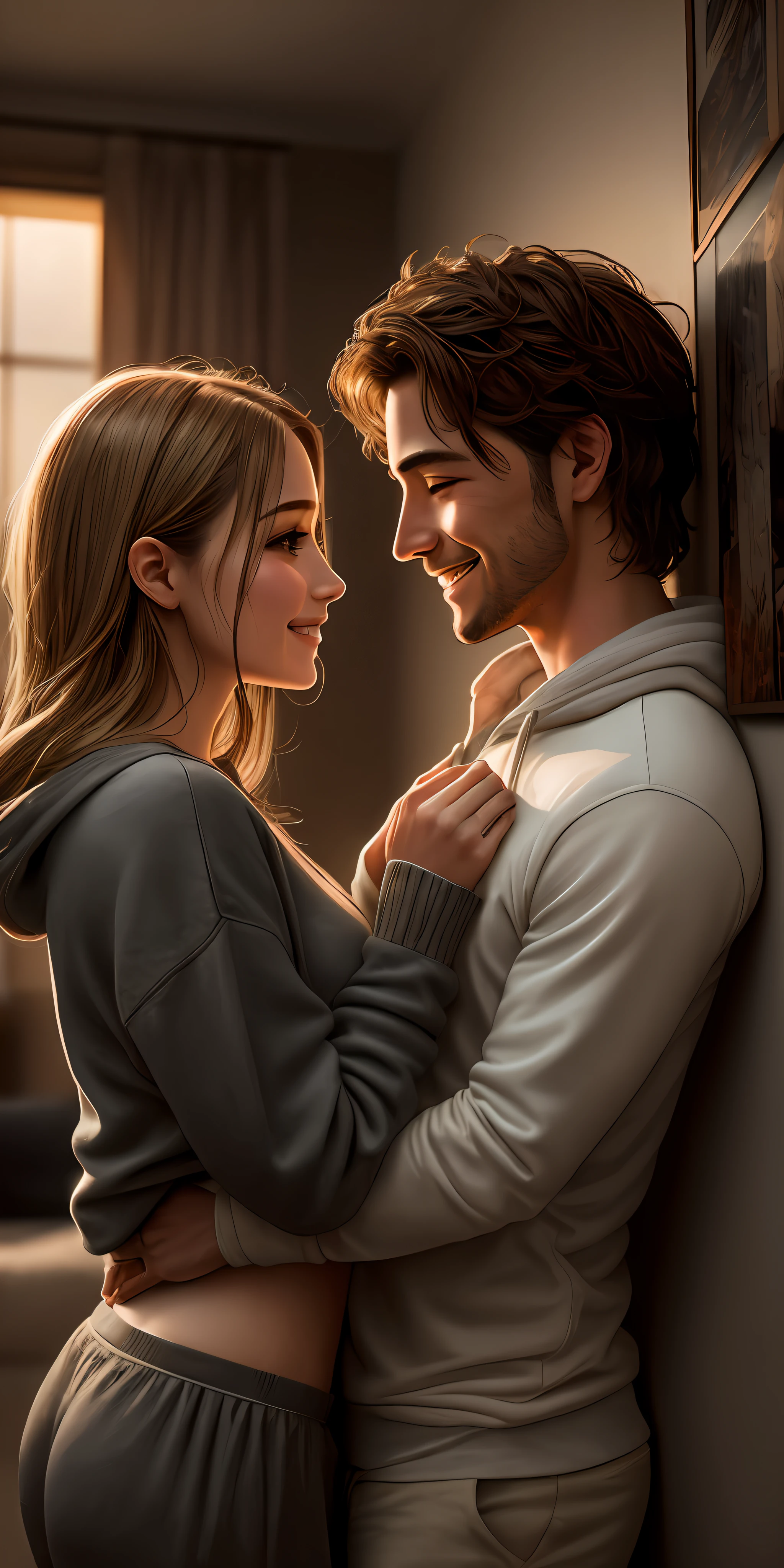 Intimate, high-quality side view photograph of a (man:1.2) and a (woman:1.2) in the (living room:1.1), (dramatic lighting:1.1), the man is pinning his girl against a wall, romantic, passionate, intricately detailed, the girl in panties and loose sweatshirt, (smile:1.2), (drenched:1.1) with (shimmering:1.1), (sensual:1.1), dark room, Sony Alpha 7R IV camera, digital photograph, f/2.8 lens, warm tones, creamy bokeh, hyper-realistic lifelike texture, trending on social media
