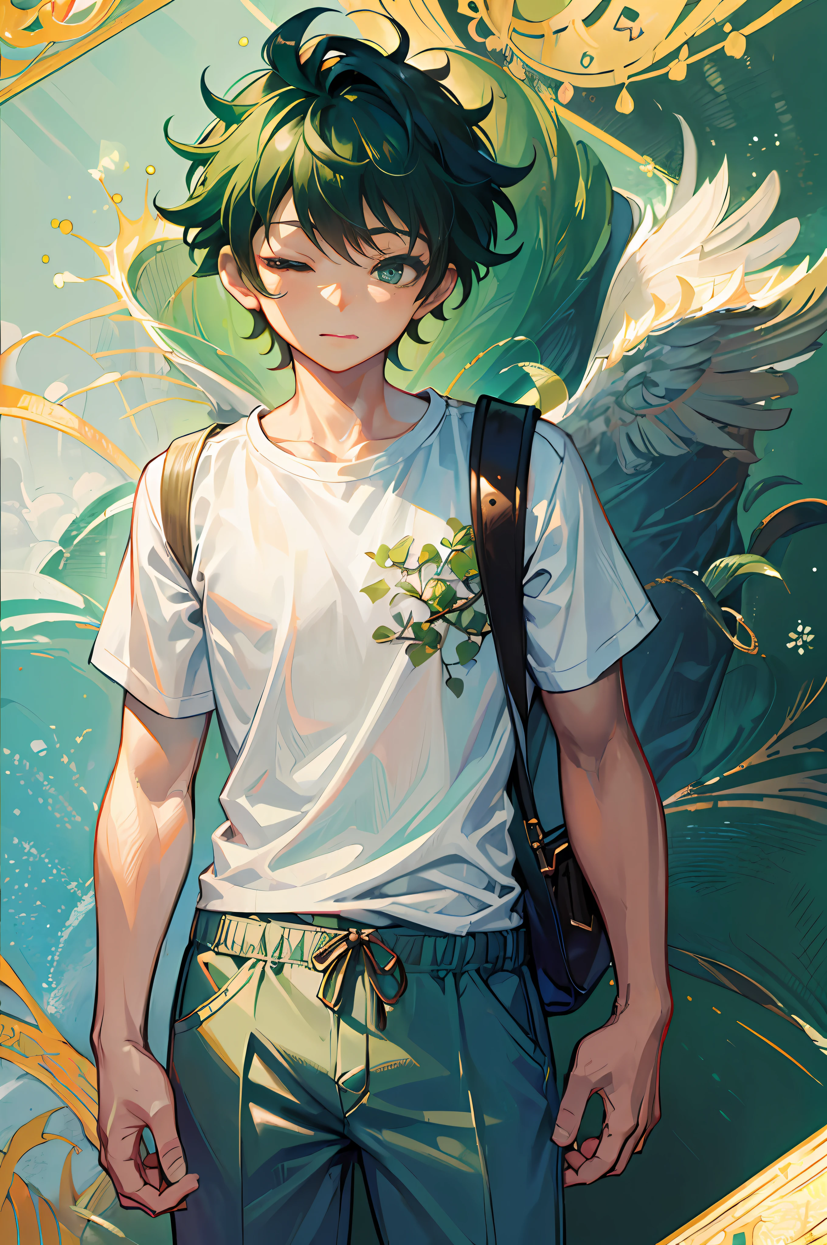 (((Masterpiece)))), ((Best Quality)), (((((Park))))), Izuku Midoriya, Detailed, 1 Boy, Standing, Short Green Hair, White Shirt, Looking Viewer, Pants, Ultra Detailed Face With Eyes Closed