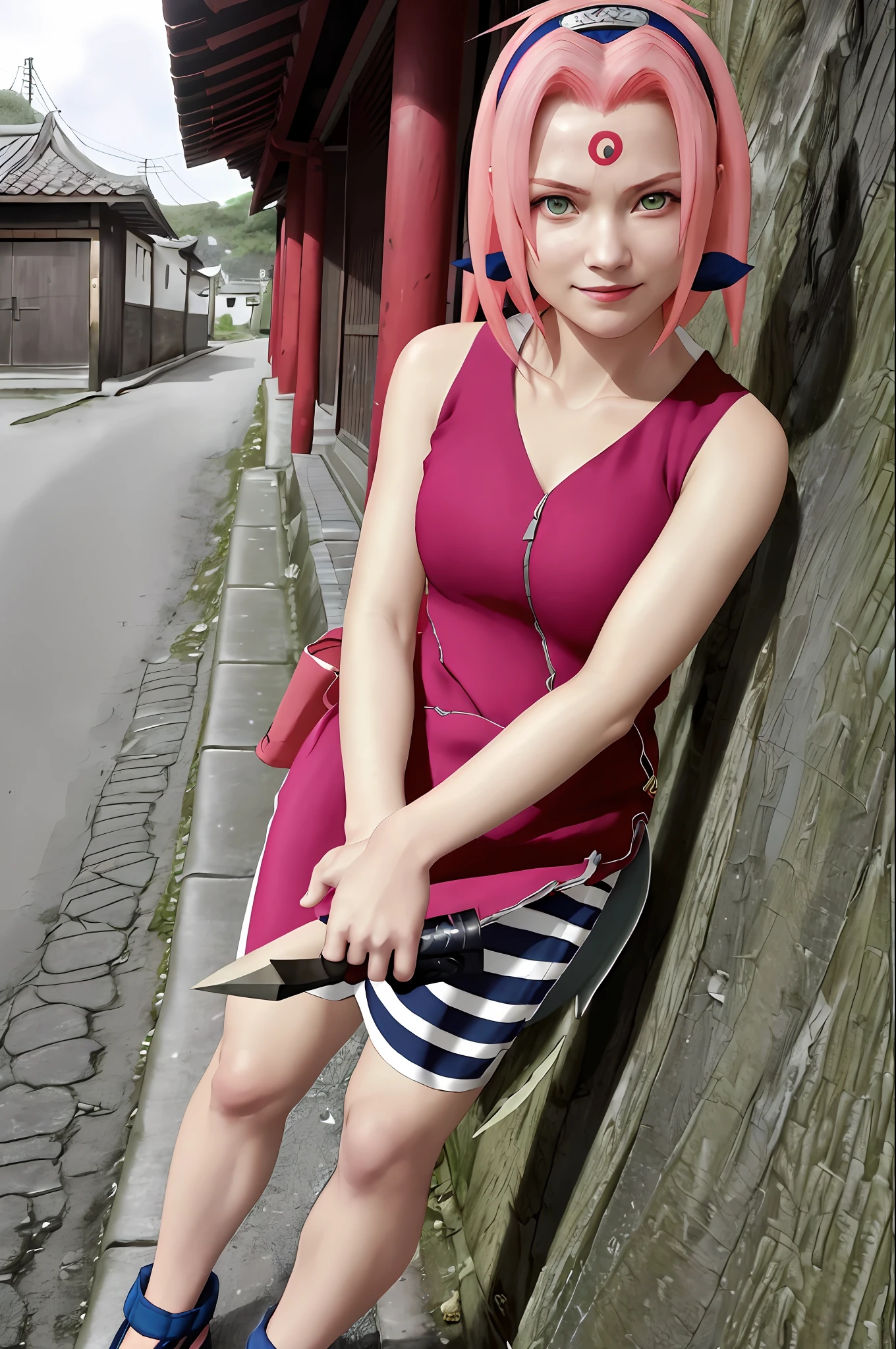 1girl, (8k, RAW photo, best quality, masterpiece:1.2), (ultra highres:1.0),detailed illustration, (real person,fashion photography portrait,photograph), detailed, detailed beautiful skin, (realistic, photo-realistic:1.37),SakuraNS, solo, professional lighting,
pink dress with flower), village, east asian architecture, trees, village hidden in the leaves background,looking_at_viewer, smile, forehead flower,red_hairband,pink hair,green eyes,mitain,toeless footwear,kunai,facial mark,konohagakure symbol,fighting_stance,fence,ninja,adjusting gloves,sleeveless,cleavage,