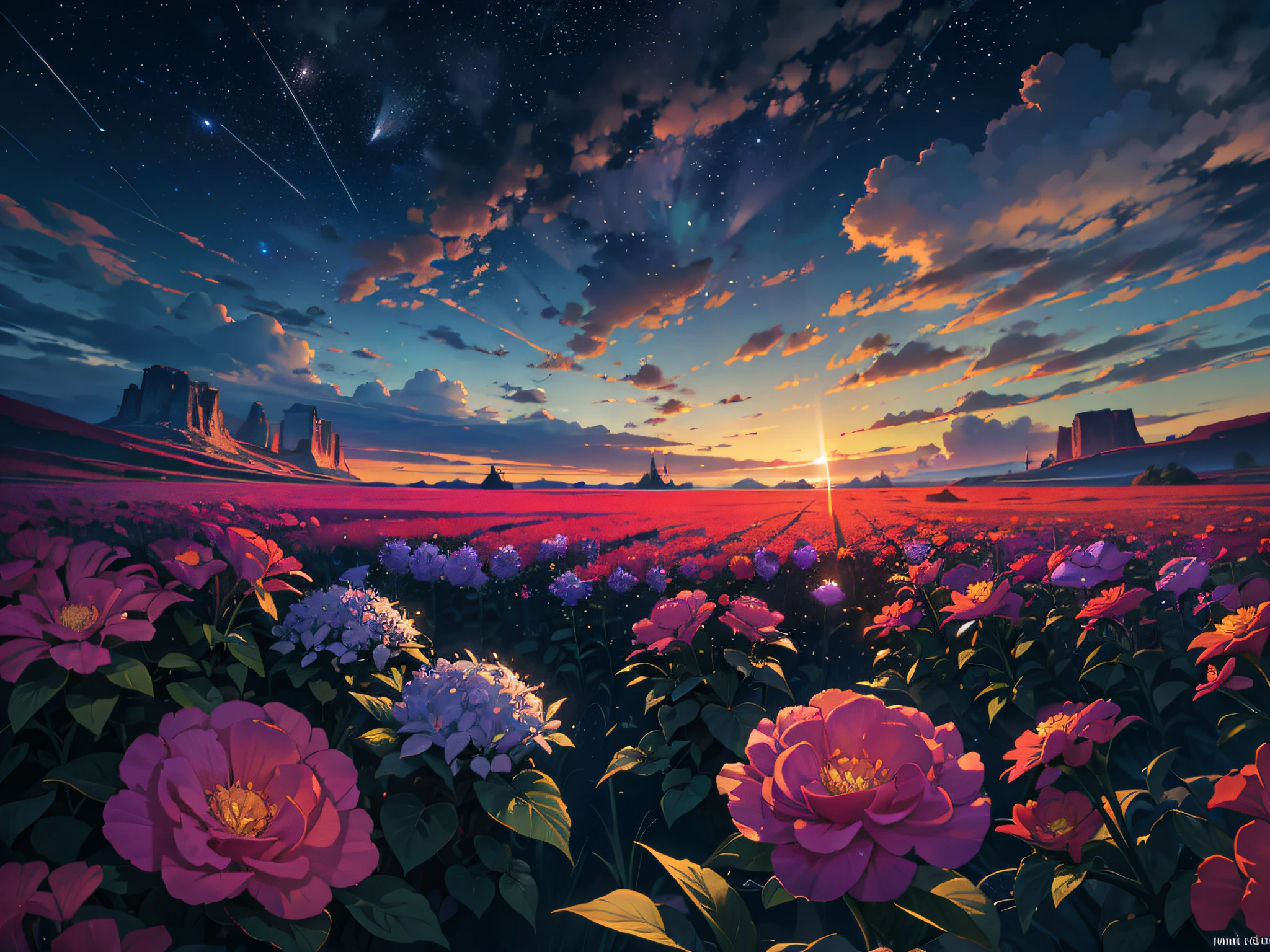 Vast sunrise landscape photos, (from below, sky above, open fields below), flower fields (best quality), 4k, ultra-detailed, (meteors: 0.9), (nebulae: 1.3), distant mountains, trees BREAK making art, (warm light source: 1.2), (fireflies: 1.2), lamps, lots of purple and orange, intricate details, volumetric lighting, realism BREAK (Masterpiece: 1.2), (Best Quality), 4K, Ultra-Detailed, (Dynamic Composition: 1.4), Very Detailed, Colorful Detail, (Iridescent Color: 1.2), (Glow Illumination, Atmospheric Lighting), Dreamy, Magical, (Solo: 1.2)