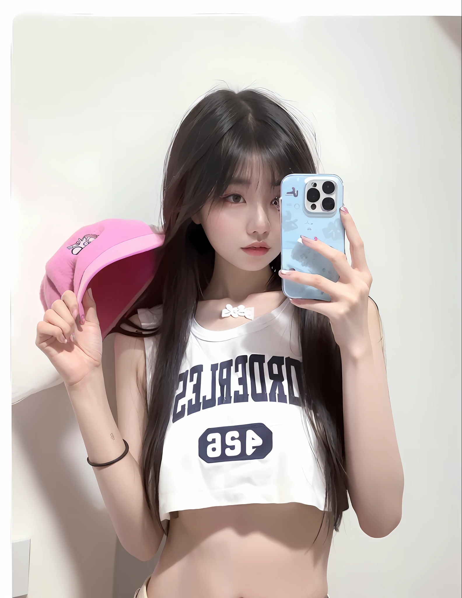 there is a woman taking a selfie with her cell phone, ulzzang, 2 4 year old female model, taejune kim, she is wearing streetwear, jaeyeon nam, jinyoung shin, tumblr, 😭 🤮 💕 🎀, instagram model, she is 2 3, with ripped crop t - shirt, profile pic, 19-year-old girl
