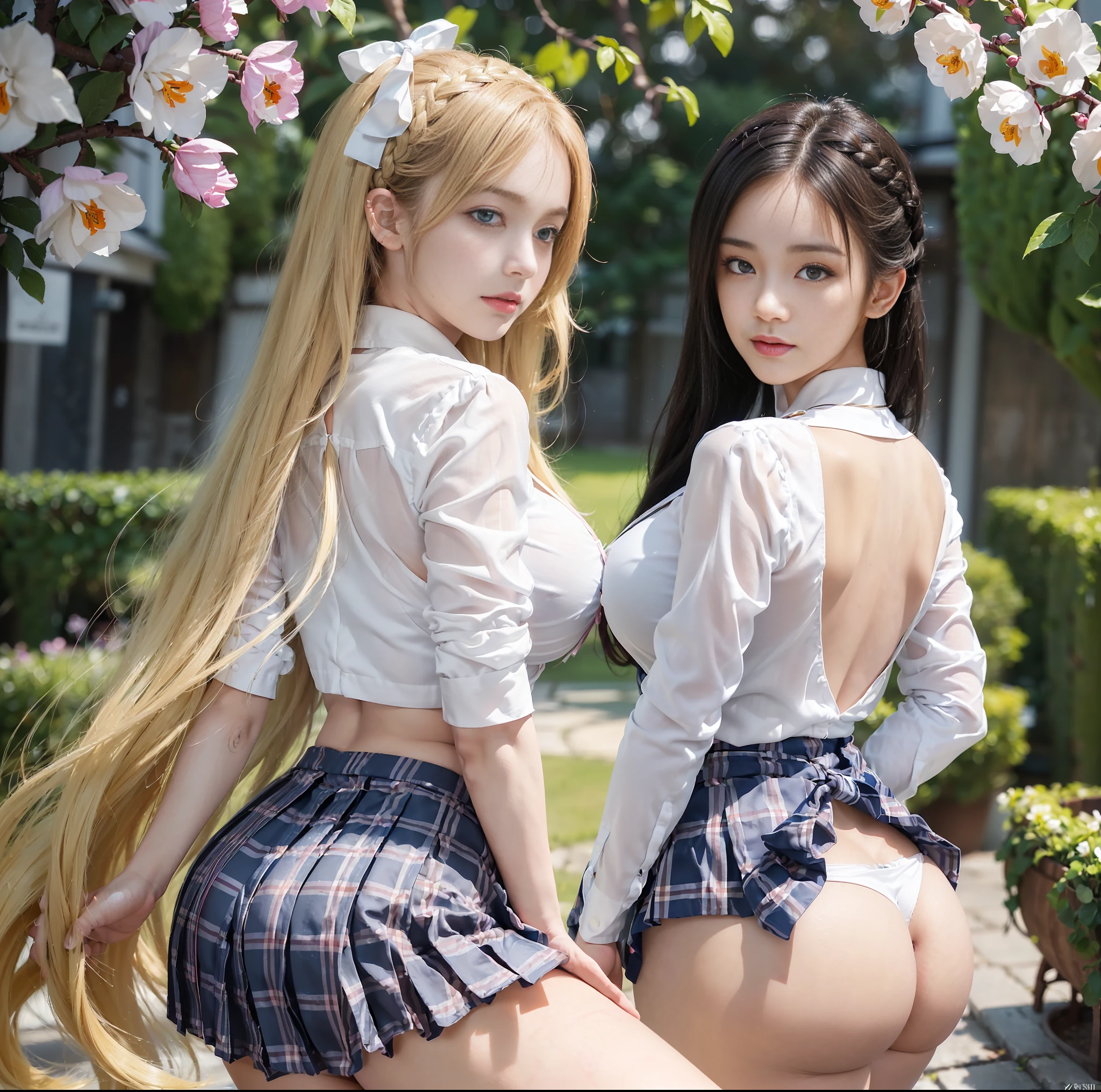 ulzzang-6500-v1.1, (top quality, masterpiece), (raw photo: 1.2), (photorealistic: 1.4), highest quality, master, very tasty and beautiful, highly detailed CG, 8k wallpaper, amazing fine details, master masterpiece, official art, huge file size, high resolution, 2-3 girls, ( snugly next to each other without separation between characters), (there is no break in one piece), s to thirties, (representation of the human body based on precise anatomy), intricate details, Japan schoolgirl uniform, (neat white blouse of smooth sheer fabric with ribbon tie), (ultra mini navy blue tartan check pleated skirt), ( Everyone is wearing the same clothes), (tightly dressed), (less revealing upper body), (white panties), (fastening all buttons of the blouse)), blonde, (((very large breasts)), (very large women), (very large), (cramped clothes), (no bra), (area shows through skin tone), (pink areola), small tingles, (big buttocks) , (thin thighs), very beautiful eyes, bright ultramarine eyes, (detailed pupils reflecting light), (the iris of the eye is painted in detail with a fine radial pattern), (the expression of the whites of the eyes is slightly dark), (the upper 30% of the eyes have shadows), no makeup, snug, No makeup, natural eyebrows, realistic shading assuming a light source, cute girl and mature woman beauty, (whitening skin), baby face, smile, long hair half-braid, ((Backwards Pose)), ((Turn Back from Back)),((Show off your buttocks)),Snuggle,Stick your cheeks together,Cross your arms like a lover,Look at your partner,Beautiful garden with flowers, clear sunshine,