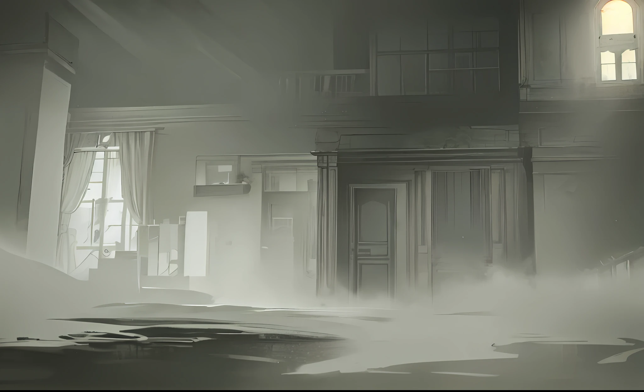 Depicts an empty ghost house, in the night, surrounded by thick fog, and the house is a mess inside