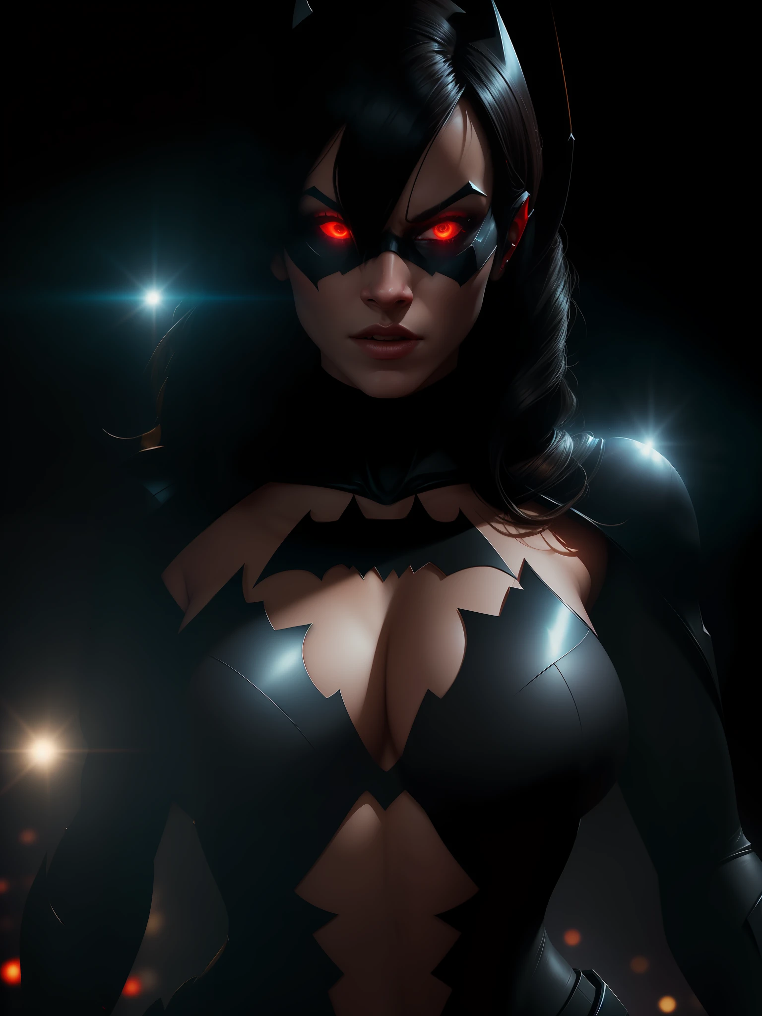 Scene from the movie, close-up shot of Sexy Woman dressed as Batman Beyond from DC, big breasts, distorted space, distorted undead in the background, lens flares, light shafts, intricate details, highly detailed, volumetric lighting, 4k rendering, stock photo, hyperrealistic, realistic textures, dramatic lighting, Unreal Engine