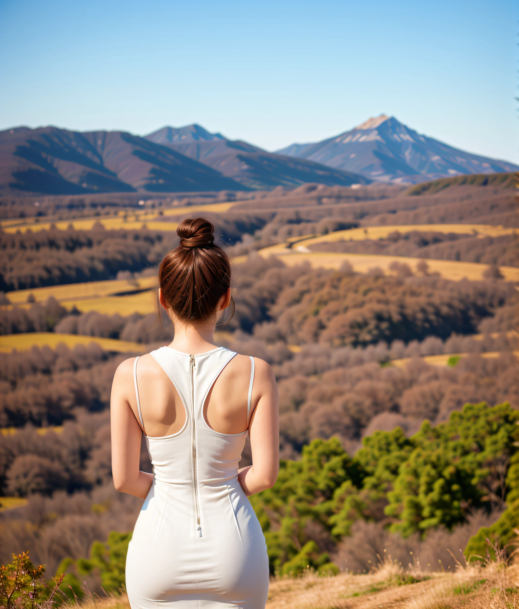 araffe woman in a white dress standing on a hill with her arms outstretched, back pose, long shot from back, long shot from the back, thicc, lit from behind, wearing tight simple clothes, hands behind her body pose!, looking from behind, woman is curved, in a scenic background, view from behind, distant full body view