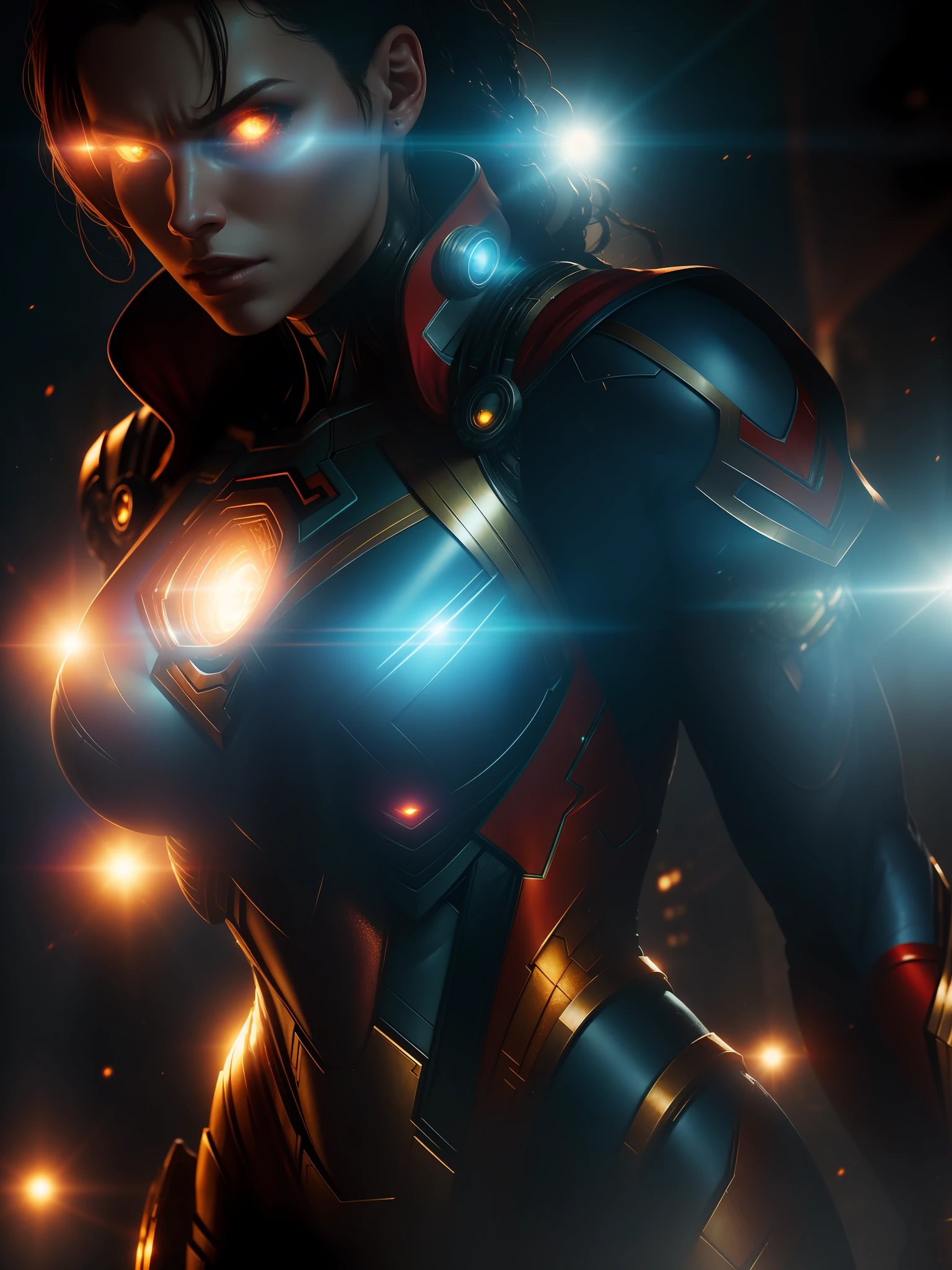 Movie scene, close-up shot of Woman dressed as Cyborg Superman from DC, distorted space, distorted undead in the background, lens flares, light shafts, intricate details, highly detailed, volumetric lighting, 4k rendering, stock photo, hyperrealistic, realistic textures, dramatic lighting, Unreal Engine