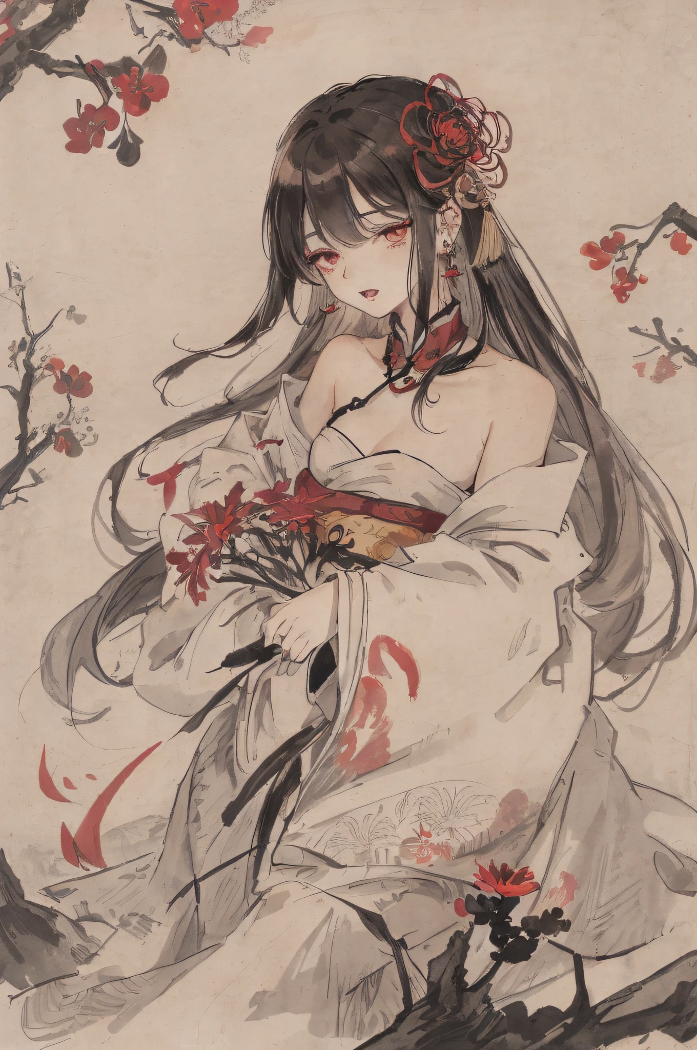 ((High resolution)), (Open Mouth), (Bust), (Top Quality), ((Super Fine)) (Super Fine CG)), ((8k_wallpaper)), Dynamic Angle, Floating, (Eyes with Beautiful Details), Very Delicate and Beautiful Girl, Upper Body, Ink Painting, (Chinese Style), Dark Eyes, Burning, Detail Light. from_low, (black hair), (red spider) lily: 1.33), aqua eye, (hair flower: 1.3), Bloom, single, starry sky, hair accessories, earrings, jewelry, messy hair, bare shoulders, half-closed eyes, bloom, (men), (Hanfu: 1.3), (Medium breasts): 1.2), (Eyeshadow, Red Eyeliner: 1.15), (Eyeshadow, Red Eyeliner: 1.15), (Eyeshadow, Red Eyeliner: 1.15), (Visible Eyes Through Hair: 1.2), (Solo Exhibition), Red Moon