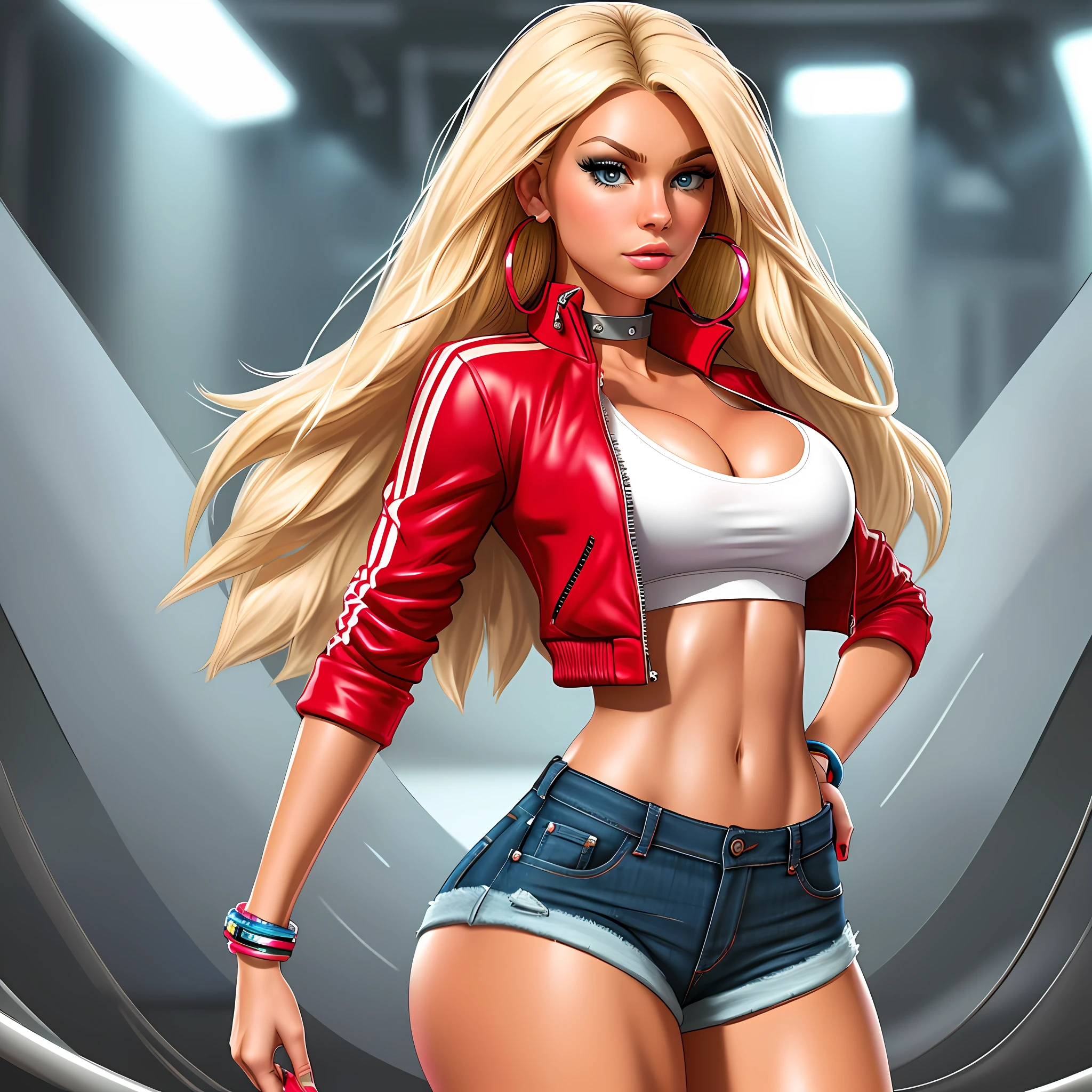 analog style, woman, (thepit bimbo:1.0)), blue eyes, white crop top with text, hoop earrings, detailed, skin texture, back-length hair, blonde hair, beestung lips, full body perspective, platform heels, collar, red jacket, centered, tan skin, looking at viewer, kneesocks, 8k, highly detailed, glossy, [Nina Dobrev|Emma Stone], symmetric, realistic, photo-realistic, cleavage focus, pout, jeans shorts, black bracelet
