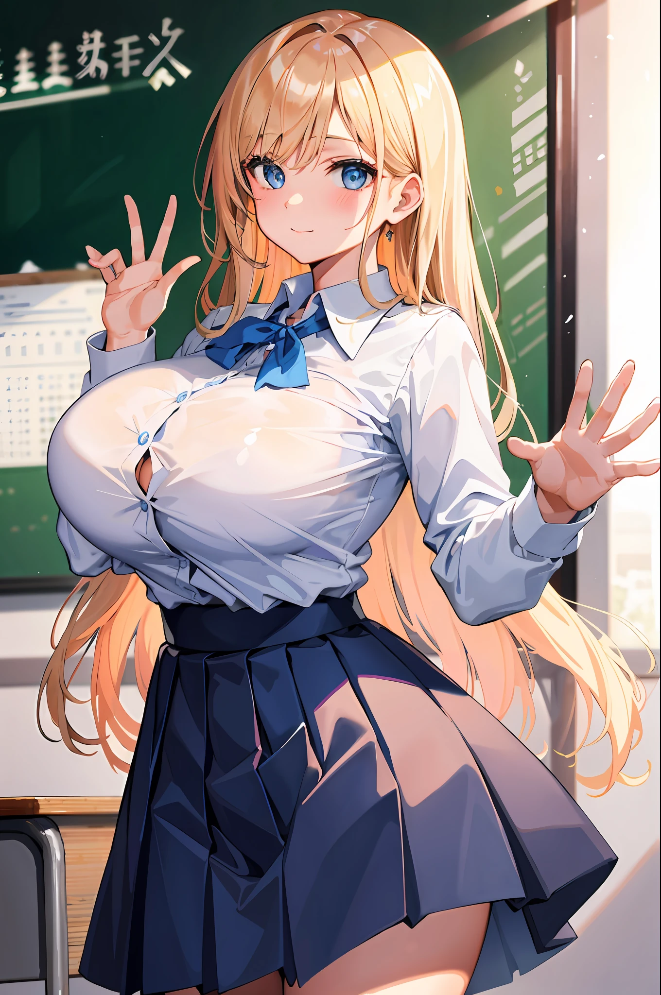 masterpiece, best quality, finely detailed, 1girl, blue eyes, blouse, pleated skirt, huge breasts, classroom, one hand waving