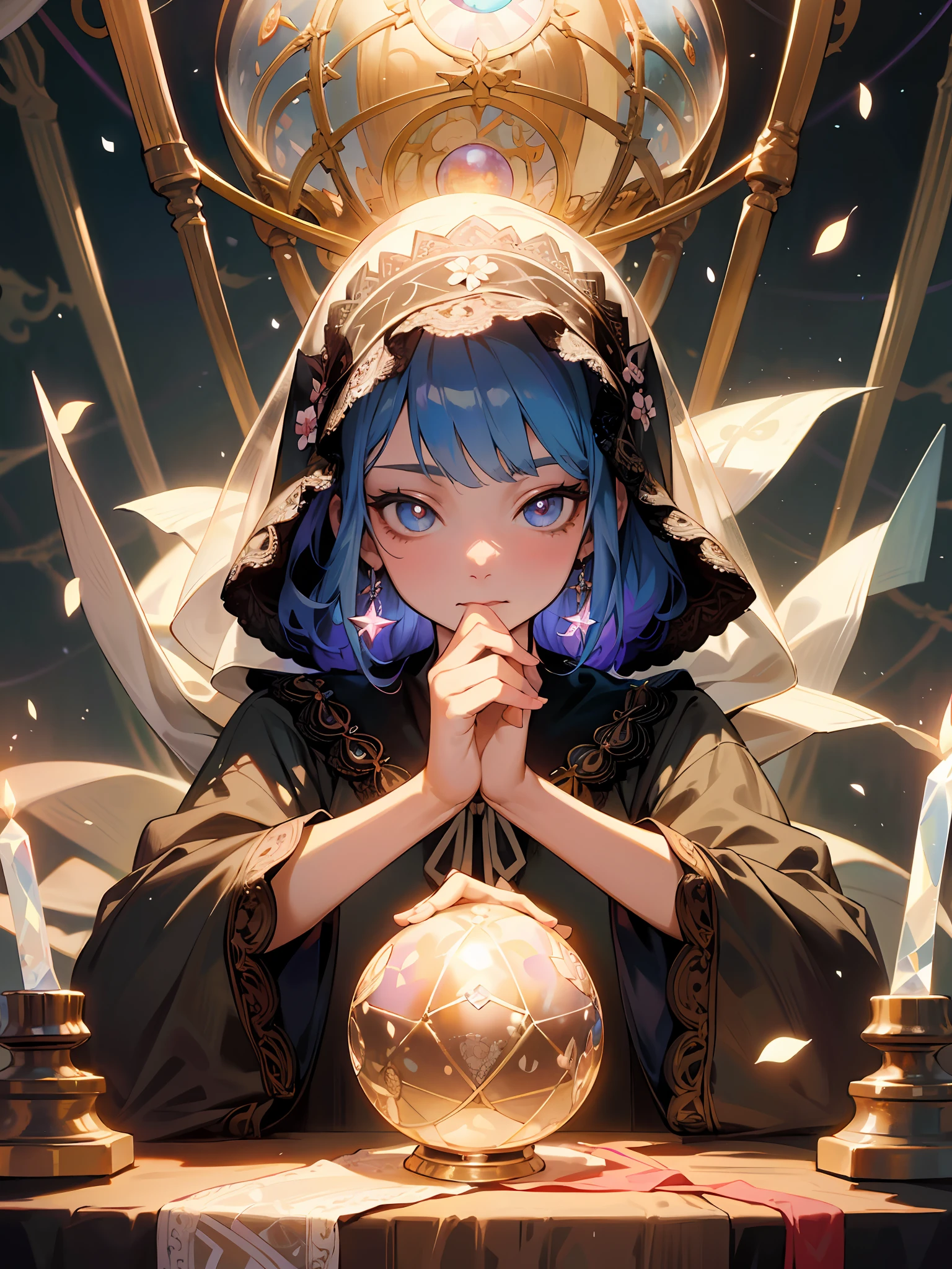 Top quality, masterpiece, high resolution, perfect detail, (very fine and beautiful: 1.1), (official art, beautifully aesthetic: 1.2), (fractal art: 1.3), (lots of flower effects: 1.4), 1girl, looking_at_viewer, portrait, solo, very vivid colorful, (many flower effects: 1.3), A lot of petals, beautiful light, Fine Beauty, (Detailed face with fine eyes: 1.1), (Beautiful clear background: 1.1), lace, ribbon, flowers and petals, beautiful concept illustration, crystal ball, holding tarot card in hand, fortune teller, fortune teller's veil, fortune teller's clothes in a highly decorated fortune teller's tent stands in a dark alleyway , Inside, an ugly old woman in a strange gypsy costume sits at a table, her hands on a crystal ball and a Ouija board
