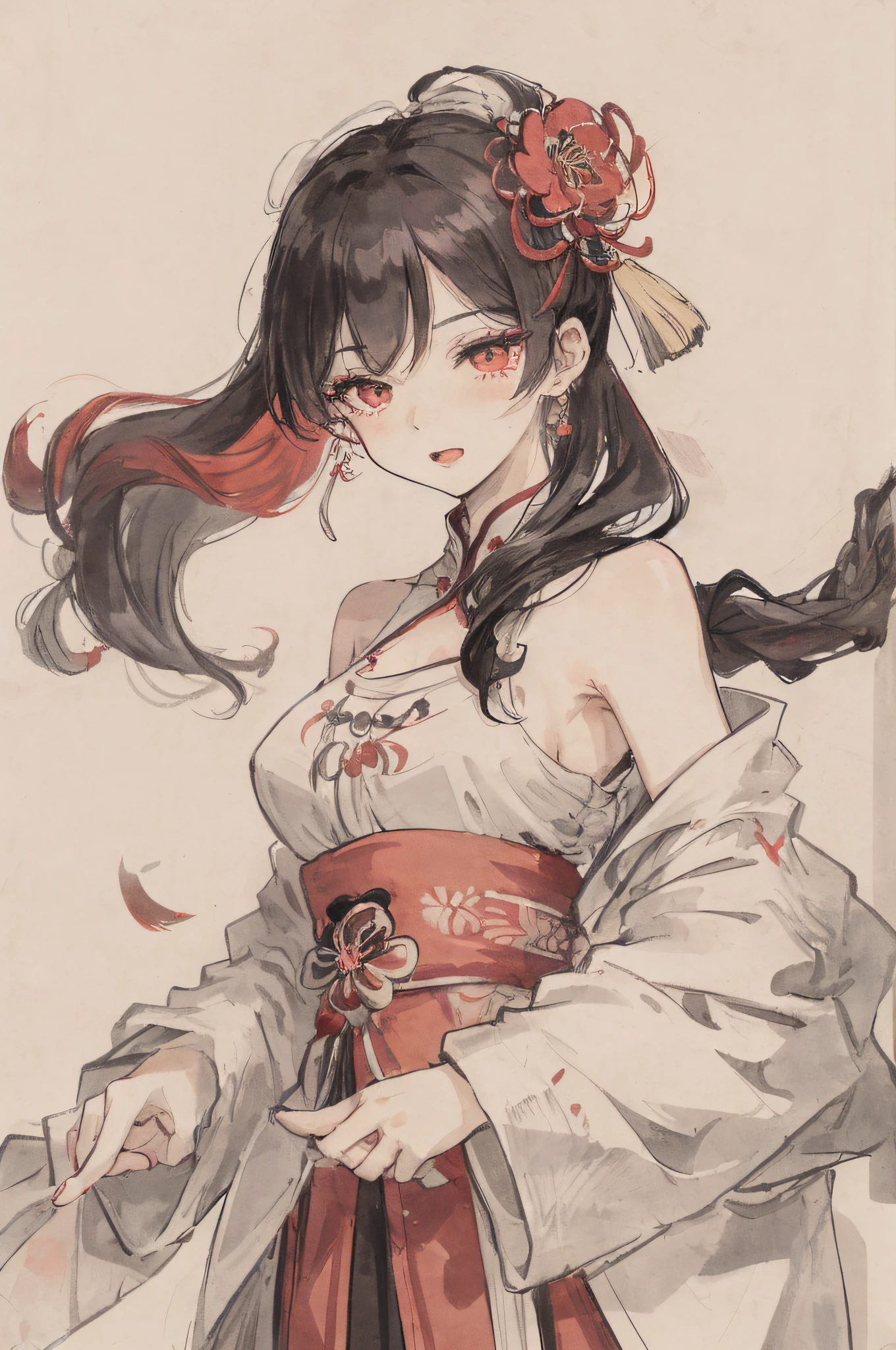 ((High resolution)), (Open Mouth), (Bust), (Top Quality), ((Super Fine)) (Super Fine CG)), ((8k_wallpaper)), Dynamic Angle, Floating, (Eyes with Beautiful Details), Very Delicate and Beautiful Girl, Upper Body, Ink Painting, (Chinese Style), Dark Eyes, Burning, Detail Light. from_low, (black hair), (red spider) lily: 1.33), aqua eye, (hair flower: 1.3), Bloom, single, starry sky, hair accessories, earrings, jewelry, messy hair, bare shoulders, half-closed eyes, bloom, (men), (Hanfu: 1.3), (Medium breasts): 1.2), (Eyeshadow, Red Eyeliner: 1.15), (Eyeshadow, Red Eyeliner: 1.15), (Eyeshadow, Red Eyeliner: 1.15), (Visible Eyes Through Hair: 1.2), (Solo Exhibition), Red Moon