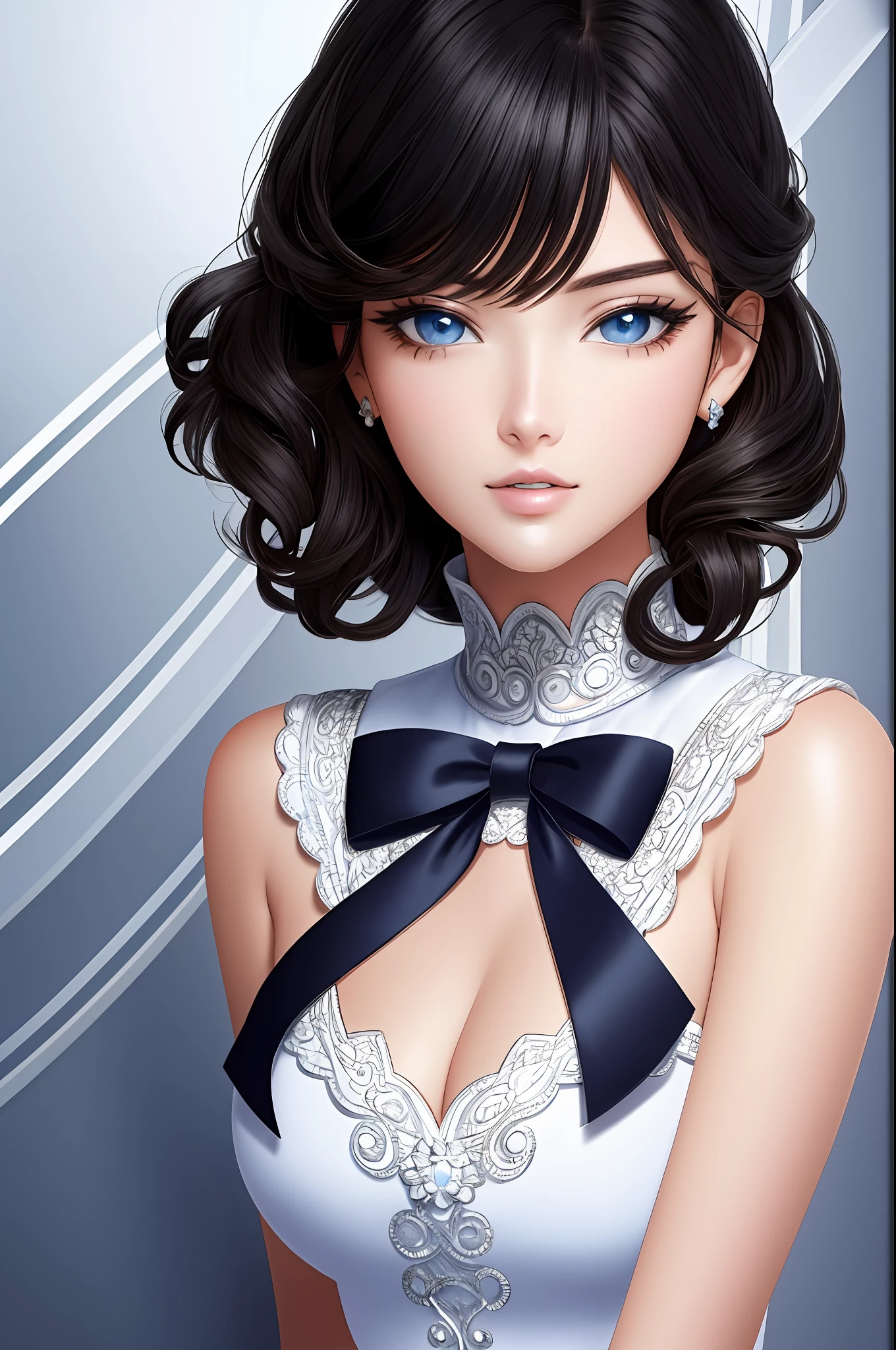 Illustration, anime style, (masterpiece, top quality, super detail, high resolution), perfect face, side lights, shiny skin, (bloom), (shine), lighting, ray tracing, 1girl, solo, black hair, blue beautiful shining eyes, one-piece dress, hair bow, pink skirt, bow, pink bow, lips, upper body, curly hair, chest, turtleneck sweater, parted lips, jewelry, depth_of_field, very detailed background, very detailed background, masterpiece, super detail, great composition,dynamic angle,[bottle bottom],(wide shot), very delicate and beautiful,(best quality), (master work), depth of field, solo, extreme light and shadow, masterpiece, rich in detail, (fine features), (best quality), (masterpiece), (detail eyes), ( Beautiful)Detail,Beautiful Detail Eye,(Straight On), Upper Body,(Very Detailed CG Unity 8k wallpaper),(Masterpiece), (Best Quality), (Super Detail), (Best Illustration), (Best Shadow), Perfect Lighting,Perfect Anatomy
