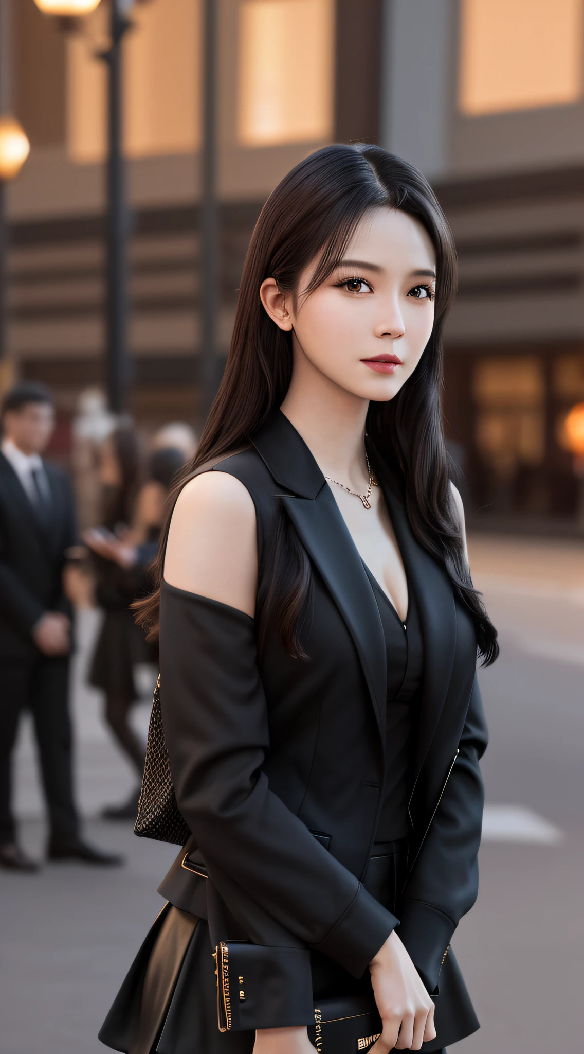 best quality, masterpiece, 1girl, Beautiful face, (photo realistic:1.3), rim lighting, (high detailed skin:1.2), 8k uhd, dslr, high quality, high resolution, 4k, 8k, Bokeh, absurdres, best ratio four finger and one thumb, (realistic:1.3), cute 1girl, wearing black formal blazer, medium breasts, short skirt,