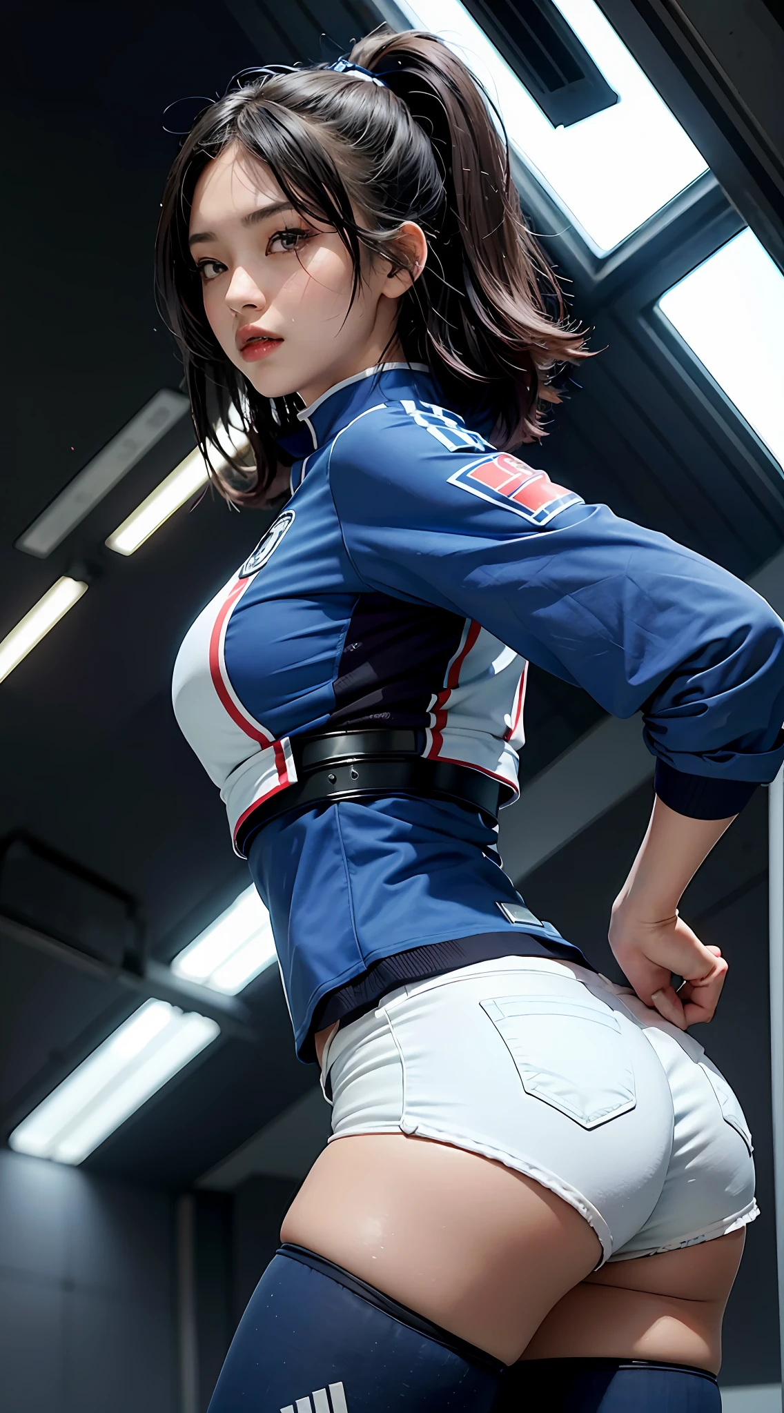 (Top Quality, 8k, 32k, Masterpiece, UHD: 1.3), (Charming Japan Female Pictures), 18 Years Old One Girl, (Black Hair with Bob Hair), Abs, Perfect Body, Ultra Detailed Face, Detailed Lips, Fine Eyes, Double Eyelids, (Seductive), ((Exciting: 1.5)), (Football Japan National Team Samurai Blue Uniform)), (in estrus)), Amazing beauty, Mecha Cyber Blue Girl, Blue, Female Mecha, Mechanized Valkyrie Girl, Beautiful White Skin Girl Cyborg, Sci-Fi Woman in SF Samurai Blue Uniform, Sci-Fi Woman, Gorgeous Female Paladin, Mechanized Soldier Girl, Cheering for the national soccer Japan national team in virtual real, background is the soccer stadium of the New National Stadium, beautiful ass, blue high socks, short denim, Back Angle, Sweaty Skin, Adidas, Apple Virtual Goggles