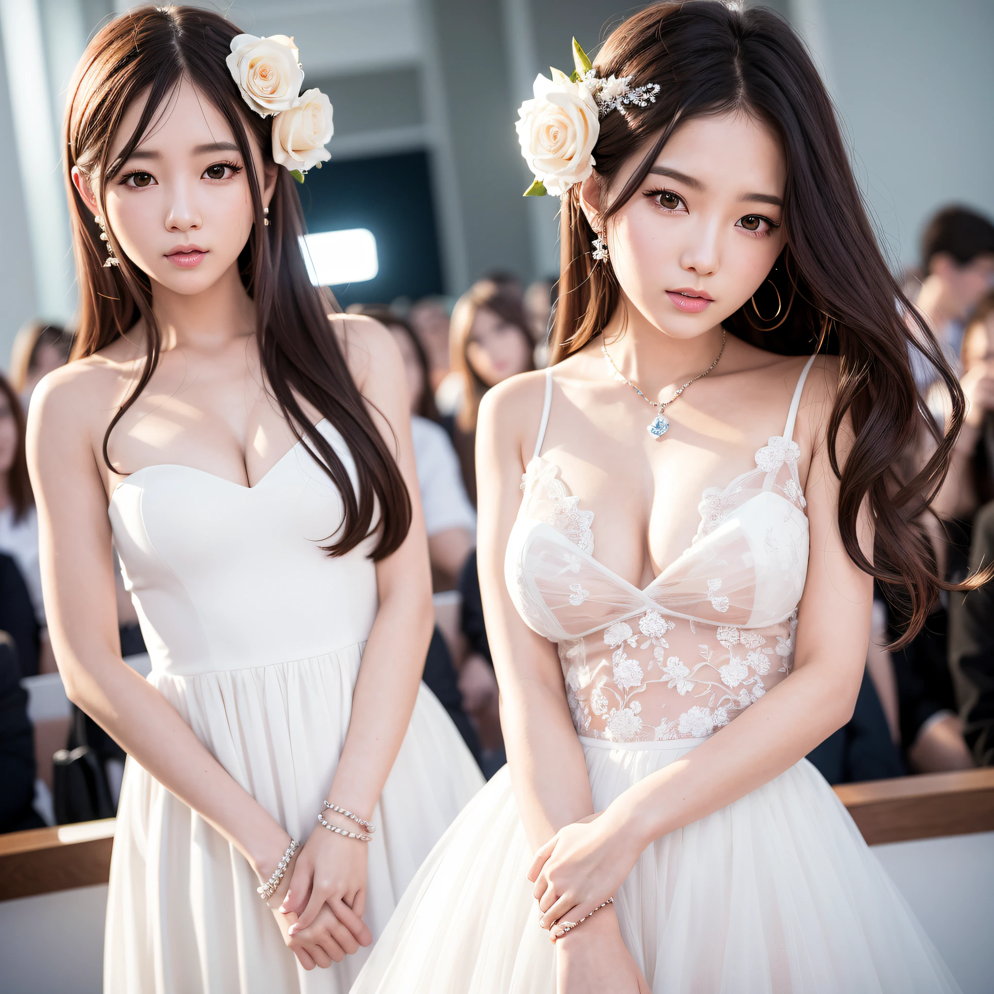 Best Quality, Ultra High Resolution, (Realism, Realisticity: 1.37), Hallyu Idol, White Dress, (Staring at the Audience), 2girl, Rose, Smile, Long Brunette Hair, Flowers, Jewelry, Beautiful and Detailed Eyes, Fitness, Standing, (ulzzang-6500:0.66)