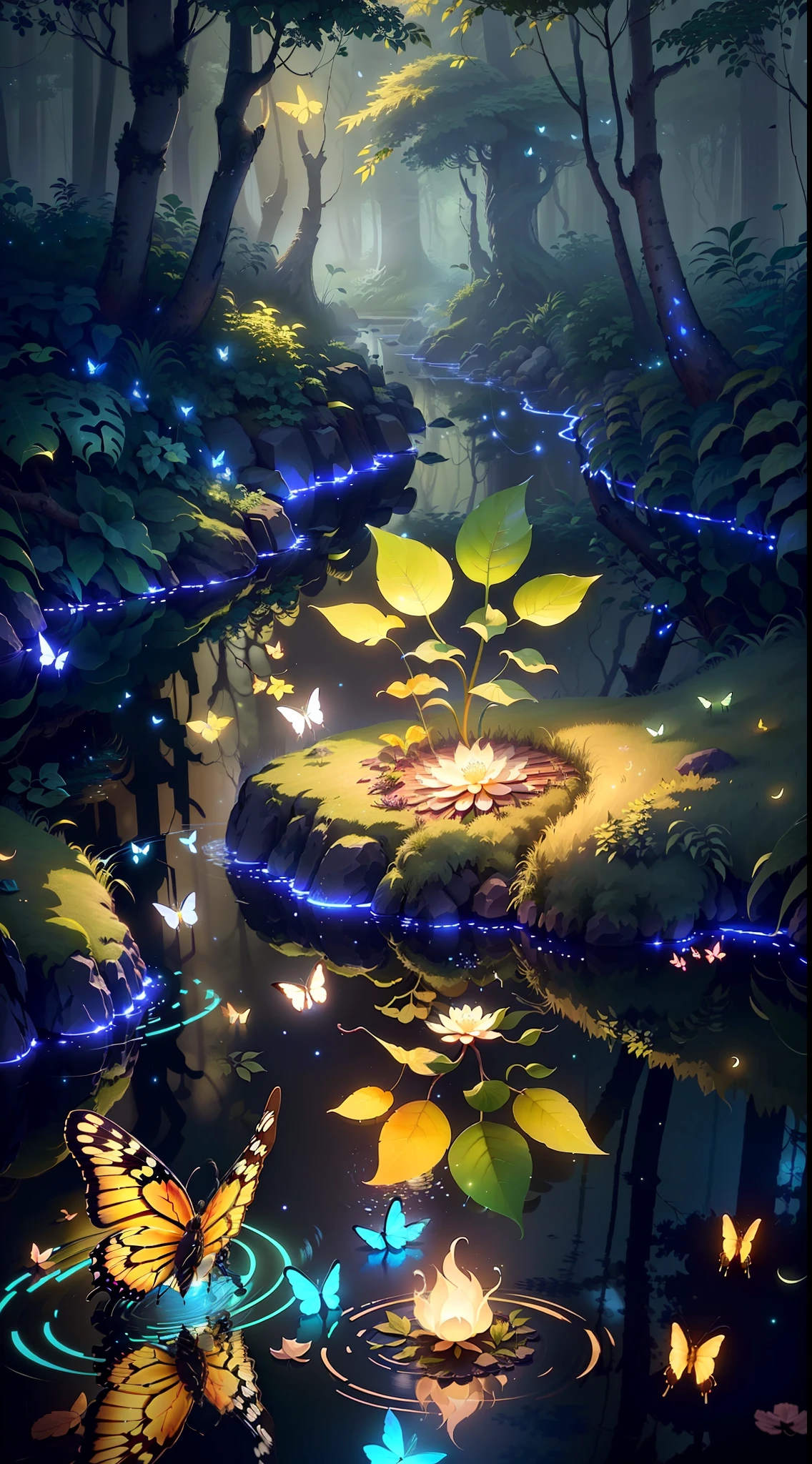 A masterpiece, the best quality, stunning reflections, the best reflections ever. (very detailed CG unity 8k wallpapers), (best quality), (best illustrations), (best shadows), forest theme with natural elements. Tall trees, quiet streams, small glowing mushrooms surrounded by delicate leaves and branches, with fireflies and glowing particle effects,, (natural elements), (jungle theme), (leaves), (twigs), (fireflies), butterflies, (delicate leaves), (glow), (particle effects). , Isometric 3D, Octane Rendering, Ray Traced, Super Detailed