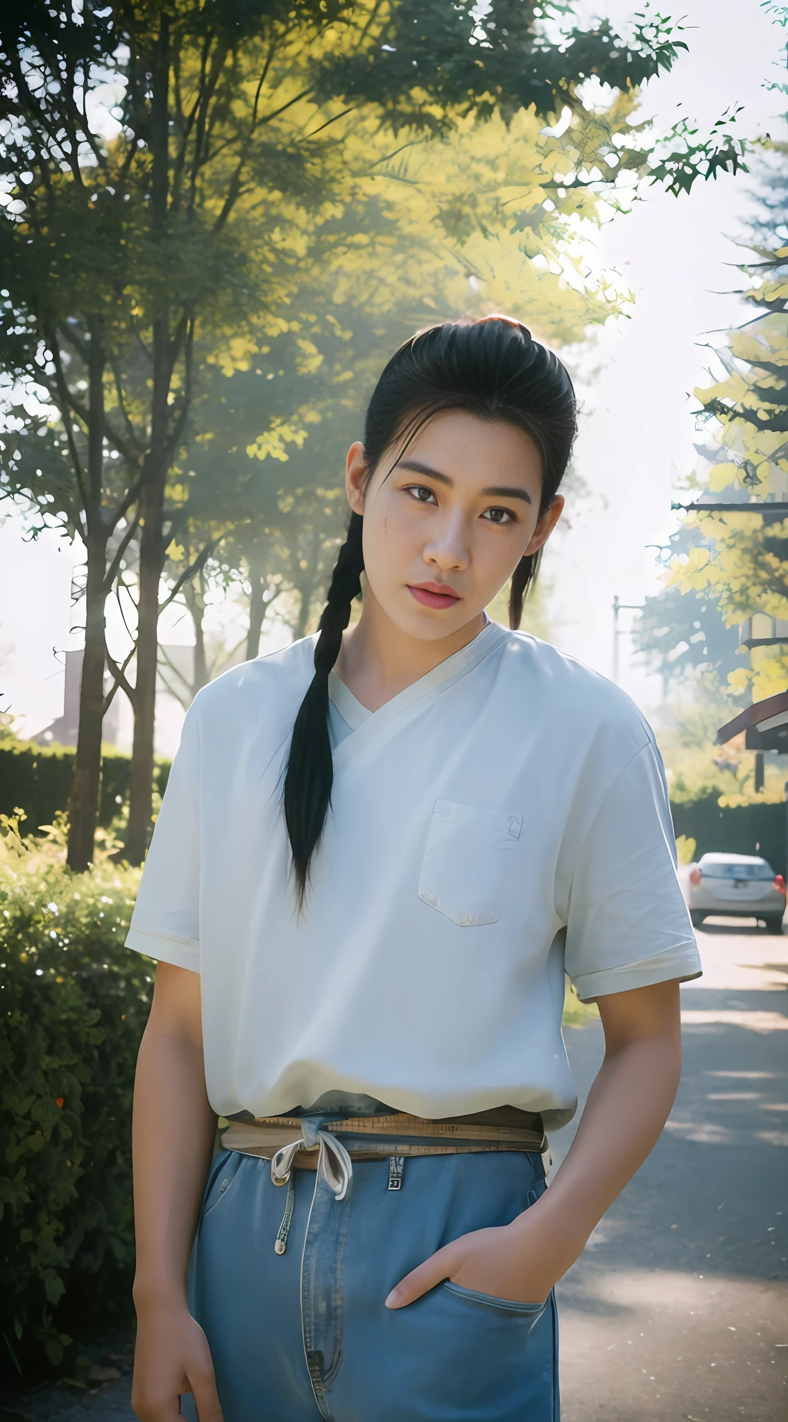 Country Street,,(Outdoor, Night: 1.5), Ultra Fine Face, ((Realistic Lighting, Best Quality, 8K, Masterpiece: 1.3)), Focus: 1.1, , Detailed, 1 boy, standing, short green hair, white shirt, looking viewer, pants,,light shadows,rugged award-winning portrait photo ,best image quality, masterpiece, super high resolution, (Fidelity: 1.4), Realistic, Masterpiece, Highest Quality, Backlight, (Lens Vire: 1.5), (Vire: 1.4), (Chromatic Aberration: 1.3), Nikon D850 Film Stock Photograph 4 Kodak Portra 400 Camera F1.6 Lens Rich Colors Hyper Realistic Lifelike Texture Dramatic Lighting unrealengine trending on artstation cinestill 800