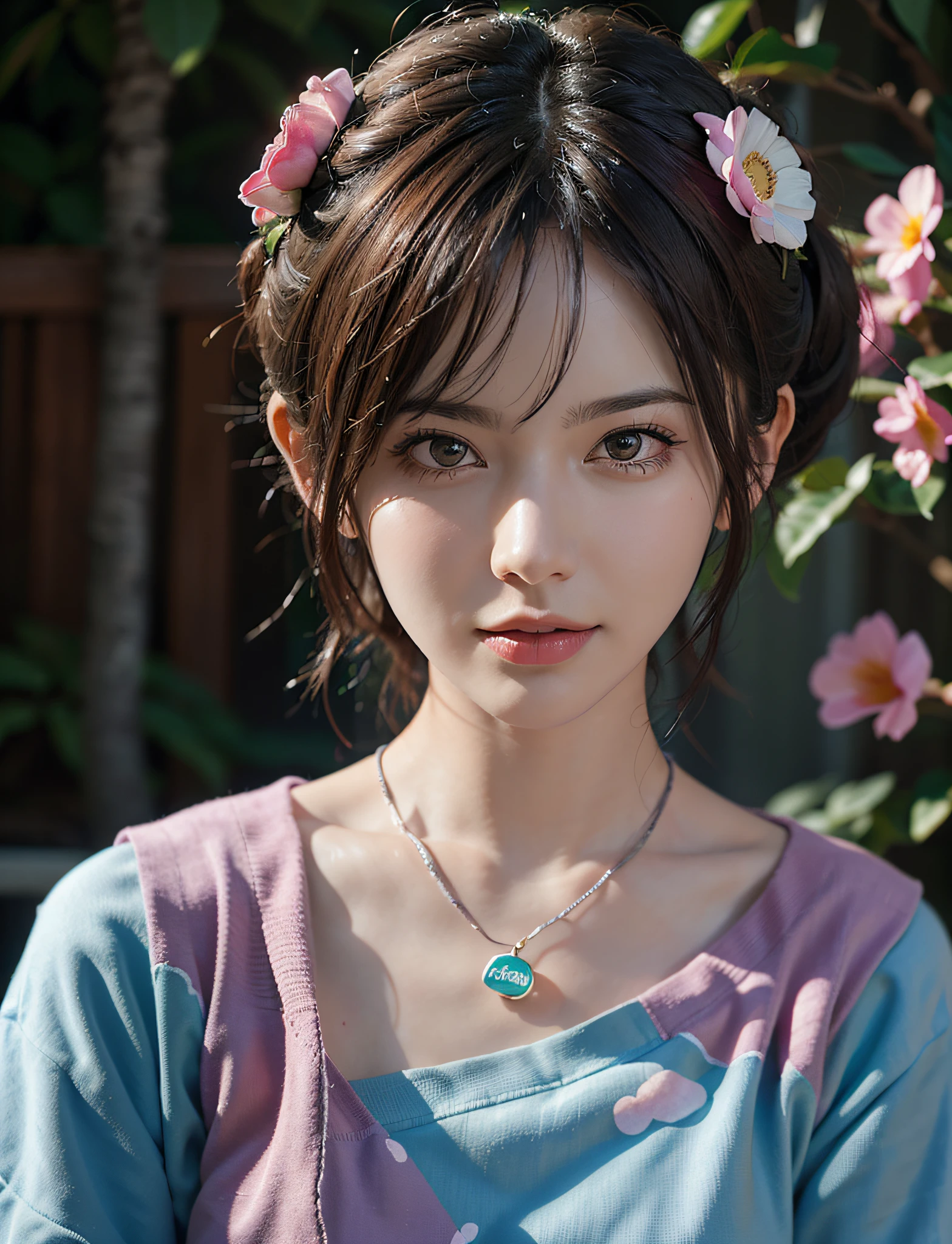 (((flowers splash at side and background))) , t-shirt design, in the style of realistic, ((pastel tetradic colors)), cute and quirky, fantasy art, bokeh, soft lighting, camera face view, retro aesthetic, focused on the character, 4K resolution, photo realistic, dynamic lighting, artstation, poster, volumetric lighting, very detailed faces , camera face , focus at face , life expression ,