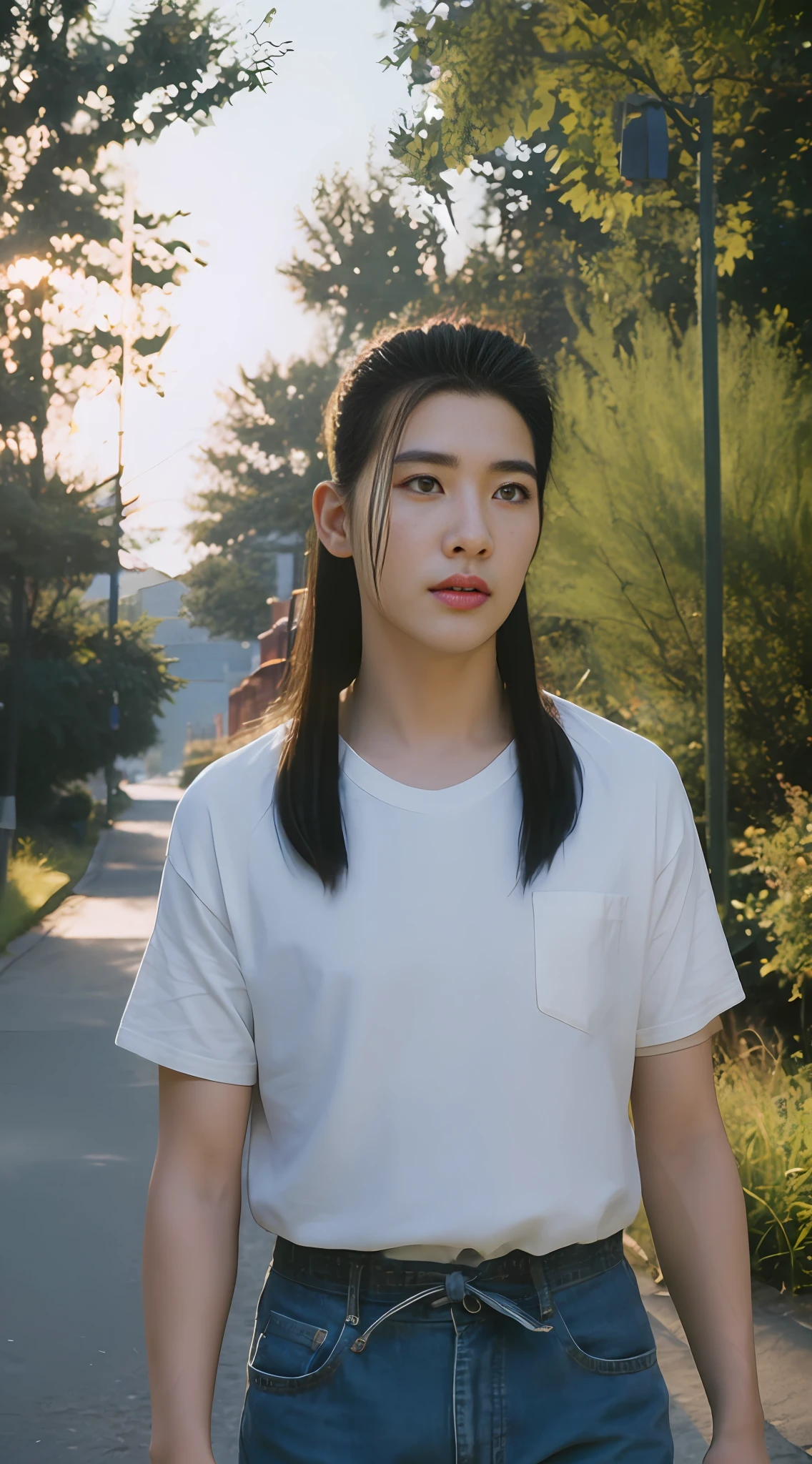 Country Street,,(Outdoor, Night: 1.5), Ultra Fine Face, ((Realistic Lighting, Best Quality, 8K, Masterpiece: 1.3)), Focus: 1.1, , Detailed, 1 boy, standing, short green hair, white shirt, looking viewer, pants,,light shadows,rugged award-winning portrait photo ,best image quality, masterpiece, super high resolution, (Fidelity: 1.4), Realistic, Masterpiece, Highest Quality, Backlight, (Lens Vire: 1.5), (Vire: 1.4), (Chromatic Aberration: 1.3), Nikon D850 Film Stock Photograph 4 Kodak Portra 400 Camera F1.6 Lens Rich Colors Hyper Realistic Lifelike Texture Dramatic Lighting unrealengine trending on artstation cinestill 800