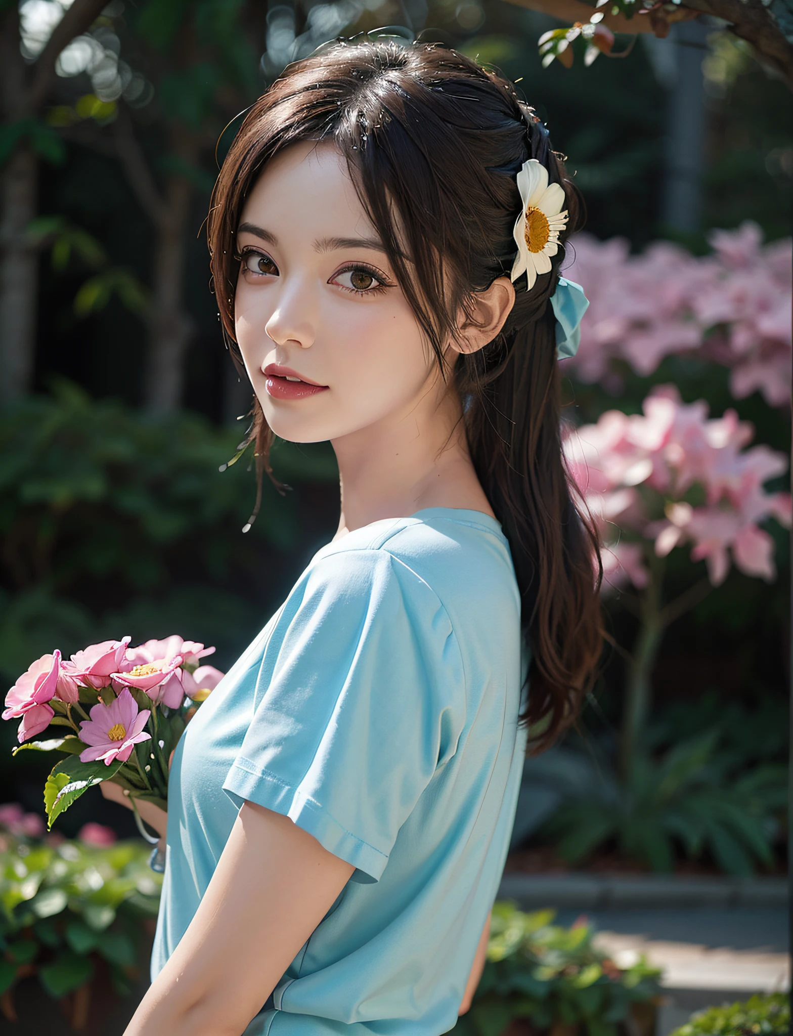 (((flowers splash at side and background))) , t-shirt design, in the style of realistic, ((pastel tetradic colors)), cute and quirky, fantasy art, bokeh, soft lighting, camera face view, retro aesthetic, focused on the character, 4K resolution, photo realistic, dynamic lighting, artstation, poster, volumetric lighting, very detailed faces , camera face , focus at face , life expression ,
