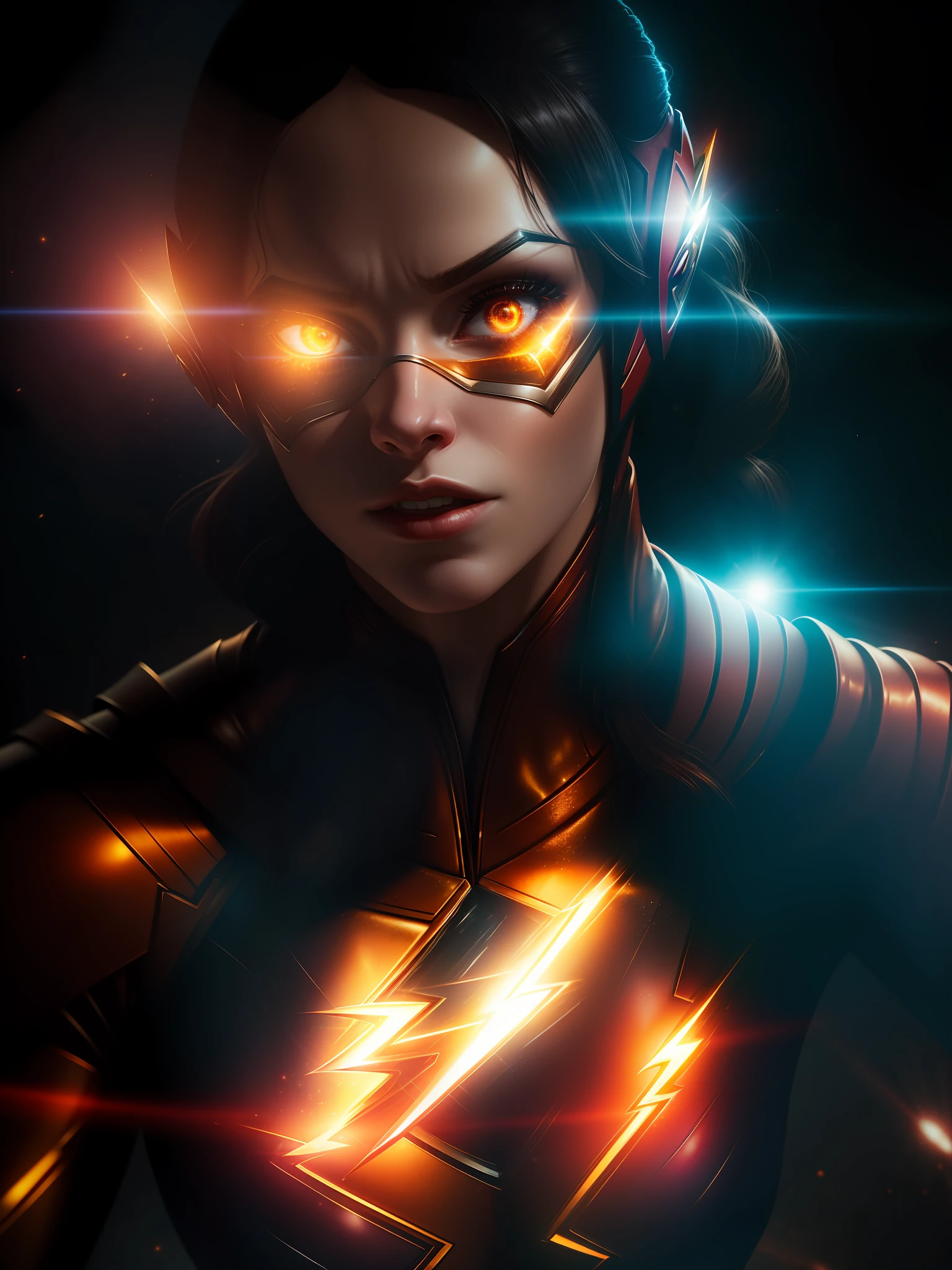 Movie scene, close-up shot of Woman dressed as Flash from DC, distorted space, distorted undead in the background, lens flares, light shafts, intricate details, highly detailed, volumetric lighting, 4k rendering, stock photo, hyper-realistic, realistic textures, dramatic lighting, Unreal Engine
