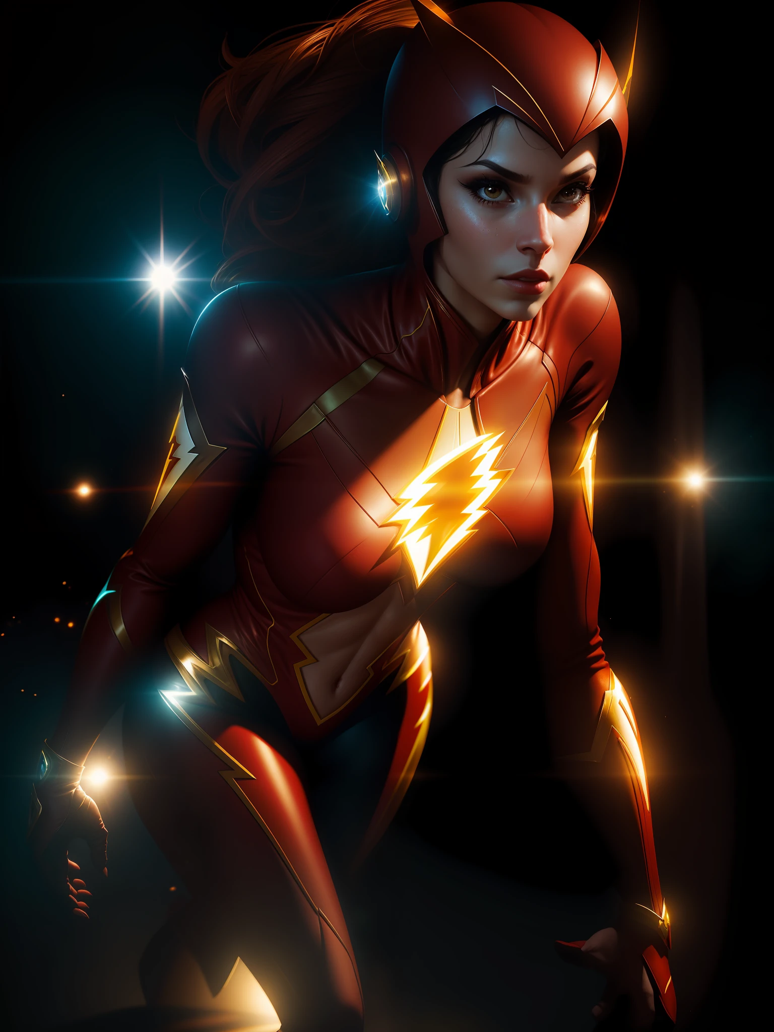 Scene from the movie, close-up shot Sexy Woman dressed as Flash from DC, big breasts, distorted space, distorted undead in the background, lens flares, light shafts, intricate details, highly detailed, volumetric lighting, 4k rendering, stock photo, hyper-realistic, realistic textures, dramatic lighting, Unreal Engine
