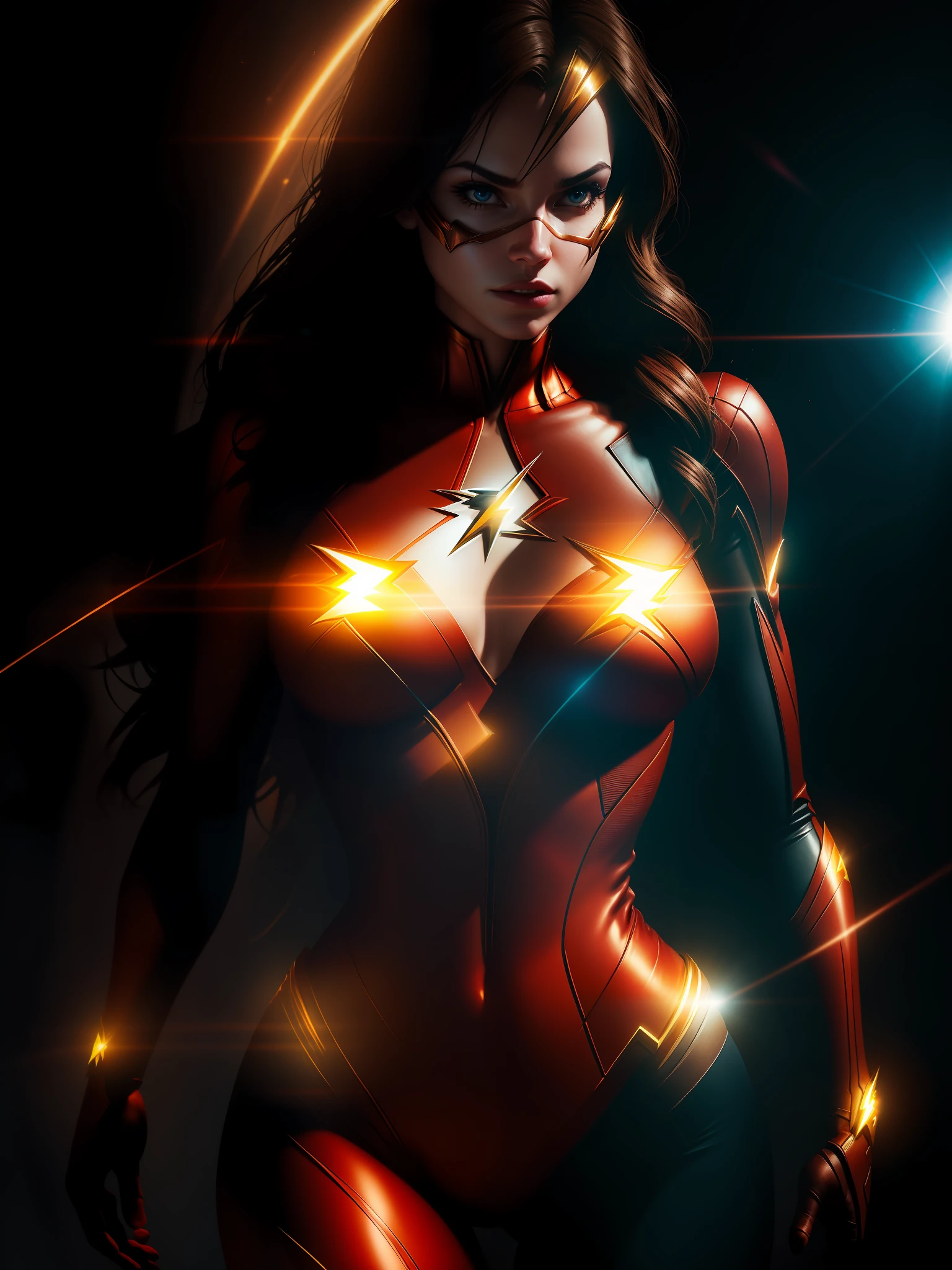 Scene from the movie, close-up shot Sexy Woman dressed as Flash from DC, big breasts, distorted space, distorted undead in the background, lens flares, light shafts, intricate details, highly detailed, volumetric lighting, 4k rendering, stock photo, hyper-realistic, realistic textures, dramatic lighting, Unreal Engine