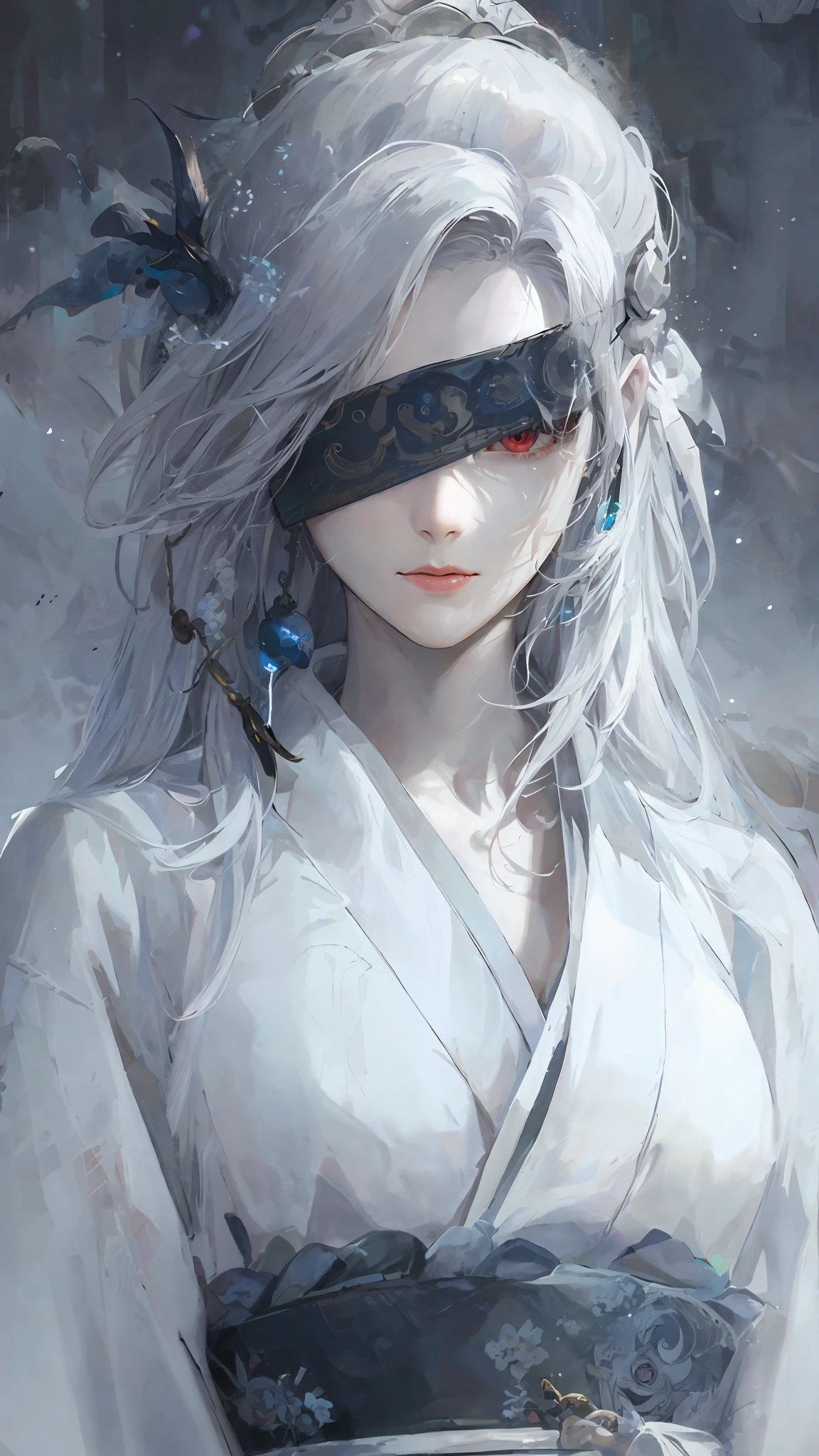 Close-up of a woman with white hair and white mask, beautiful figure painting, Guviz, Guvitz style artwork, white-haired god, Yang J, epic exquisite character art, stunning character art, Fan Qi, Wu Jun Shifan, Gu Wiz in pixiv art station, red eyes