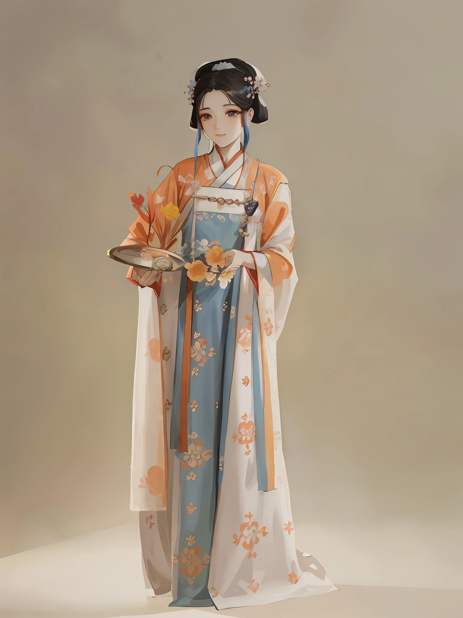 arafed woman in a blue and white dress holding a tray, hanfu, tang dynasty, wearing ancient chinese clothes, palace ， a girl in hanfu, with acient chinese clothes, traditional chinese clothing, white hanfu, chinese costume, inspired by Tang Di, ancient asian dynasty princess, ancient chinese princess, beautiful render of tang dynasty, wearing floral chiton