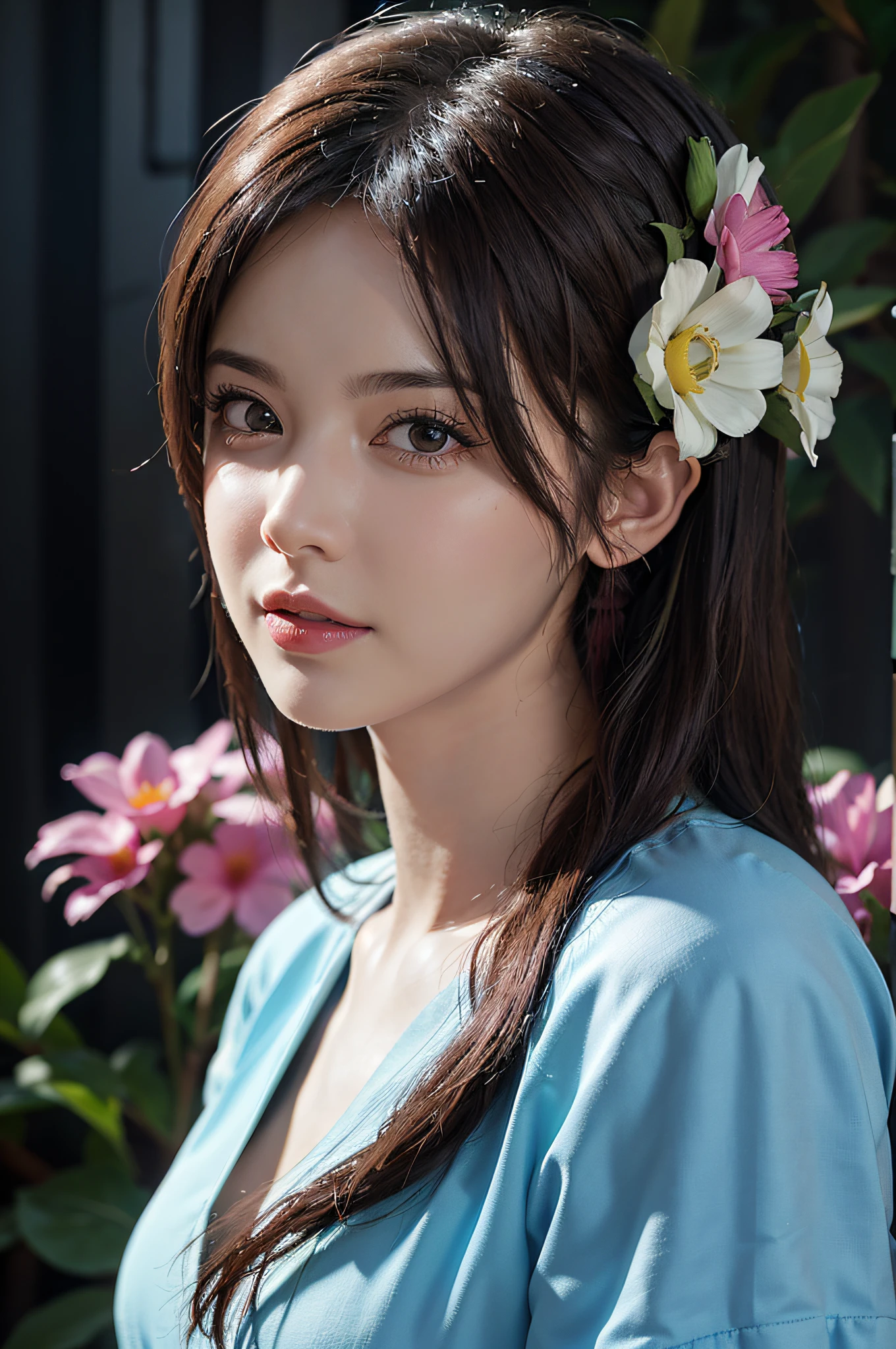 (((flowers splash at side and background))) , t-shirt design, in the style of realistic, ((pastel tetradic colors)), cute and quirky, fantasy art, bokeh, soft lighting, camera face view, retro aesthetic, focused on the character, 4K resolution, photo realistic, dynamic lighting, artstation, poster, volumetric lighting, very detailed faces , camera face , focus at face , life expression ,