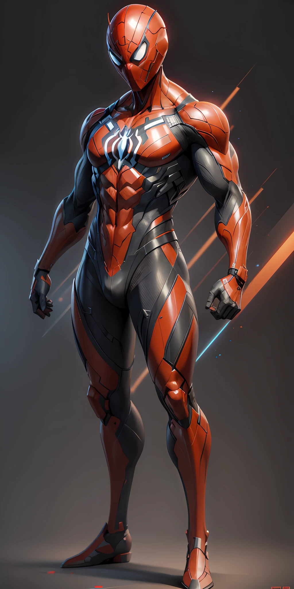 Scarlet Spider from Marvel, frontal, full-length, looking at the camera, facing the audience, standing pose, simple background, three-dimensional light, detailed full-body concept, sleek digital concept art, beautiful full-body concept art, art trend, CGsociety full-length,