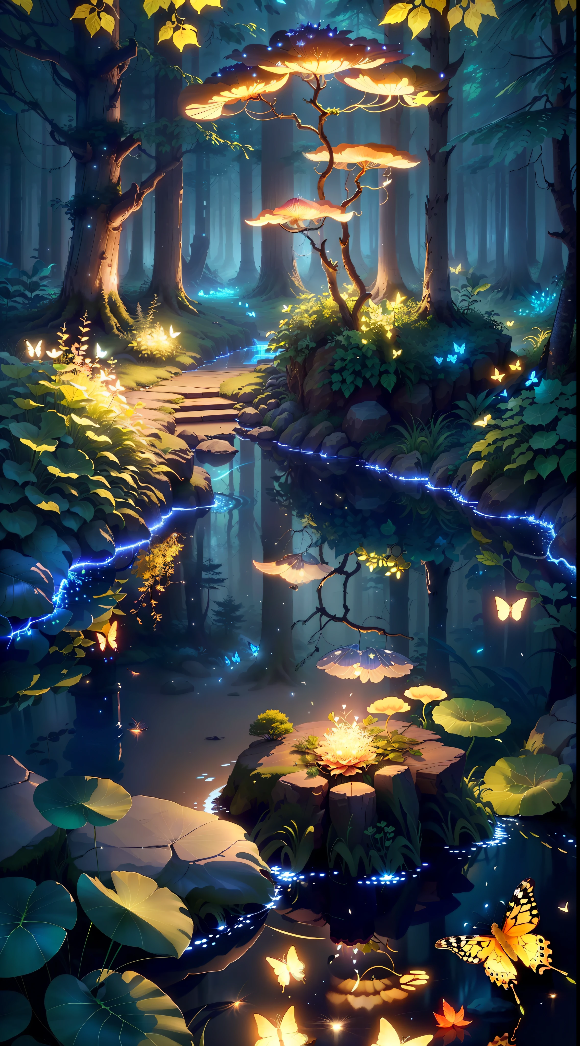 A masterpiece, the best quality, stunning reflections, the best reflections ever. (very detailed CG unity 8k wallpapers), (best quality), (best illustrations), (best shadows), forest theme with natural elements. Tall trees, quiet streams, small glowing mushrooms surrounded by delicate leaves and branches, with fireflies and glowing particle effects,, (natural elements), (jungle theme), (leaves), (twigs), (fireflies), butterflies, (delicate leaves), (glow), (particle effects). , Isometric 3D, Octane Rendering, Ray Traced, Super Detailed