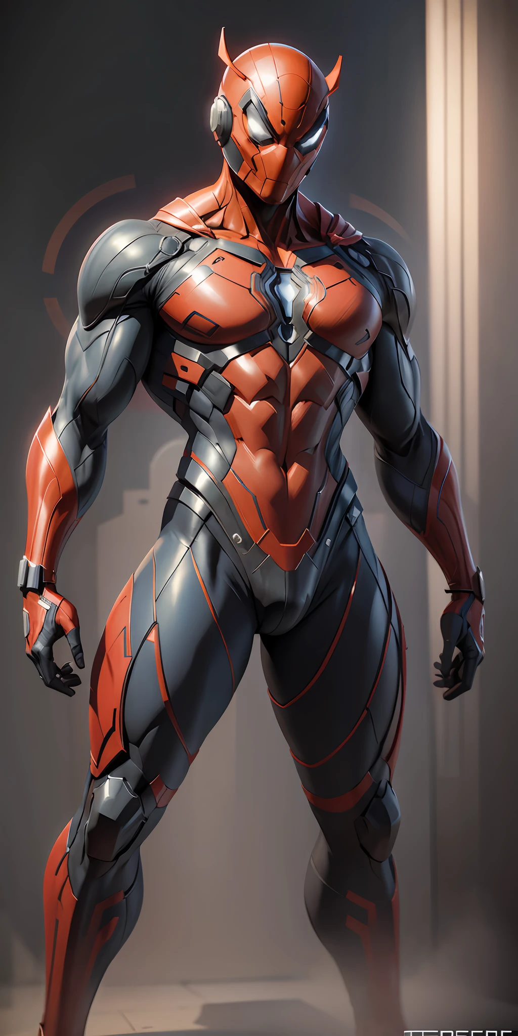 Scarlet Spider from Marvel, frontal, full-length, looking at the camera, facing the audience, standing pose, simple background, three-dimensional light, detailed full-body concept, sleek digital concept art, beautiful full-body concept art, art trend, CGsociety full-length,
