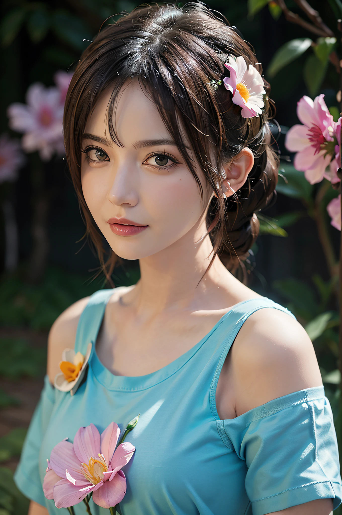 (((flowers splash at side and background))) , t-shirt design, in the style of realistic, ((pastel tetradic colors)), cute and quirky, fantasy art, bokeh, soft lighting, camera face view, retro aesthetic, focused on the character, 4K resolution, photo realistic, dynamic lighting, artstation, poster, volumetric lighting, very detailed faces , camera face , focus at face , life expression ,