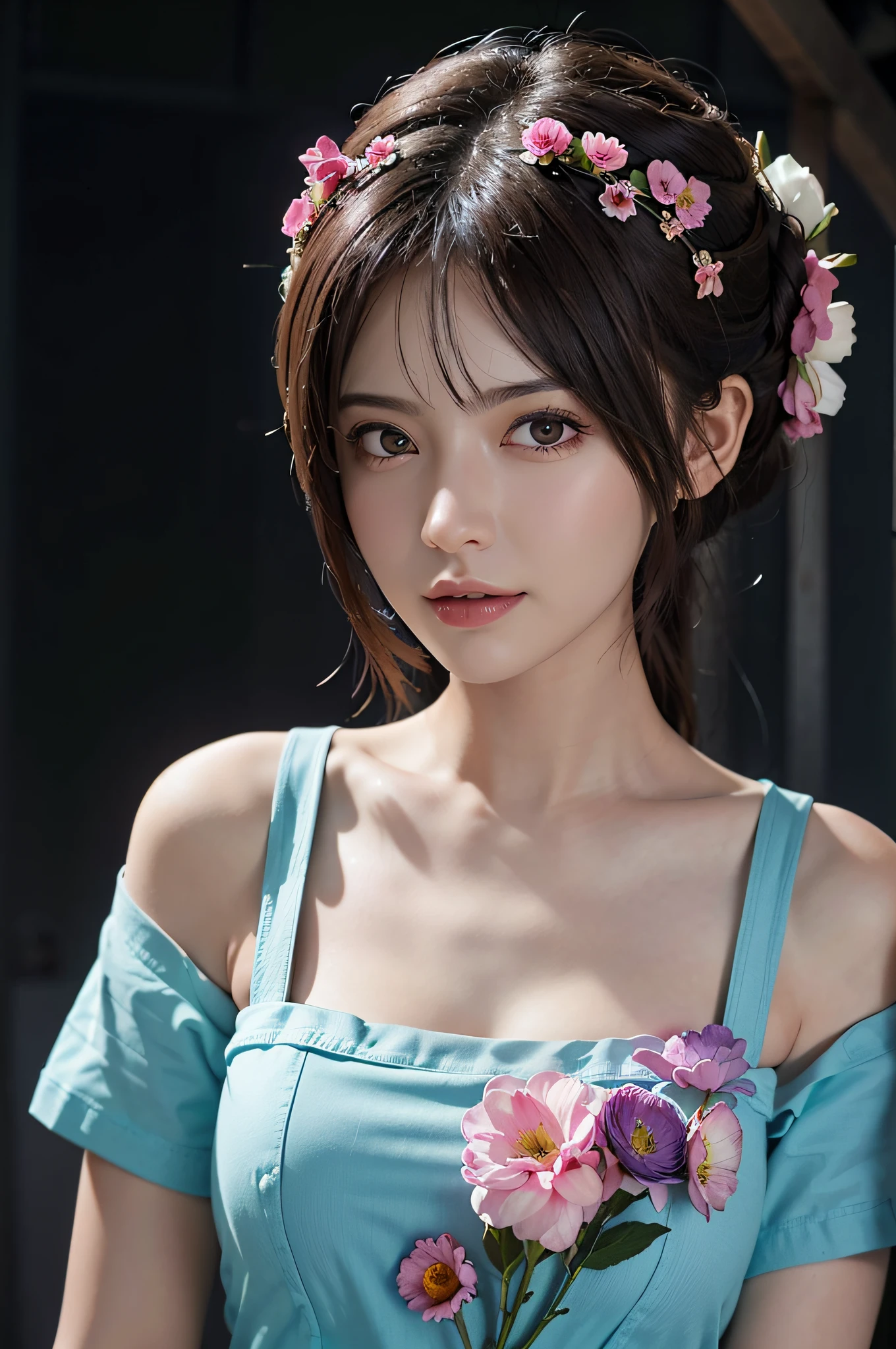(((flowers splash at side and background))) , t-shirt design, in the style of realistic, ((pastel tetradic colors)), cute and quirky, fantasy art, bokeh, soft lighting, camera face view, retro aesthetic, focused on the character, 4K resolution, photo realistic, dynamic lighting, artstation, poster, volumetric lighting, very detailed faces , camera face , focus at face , life expression ,