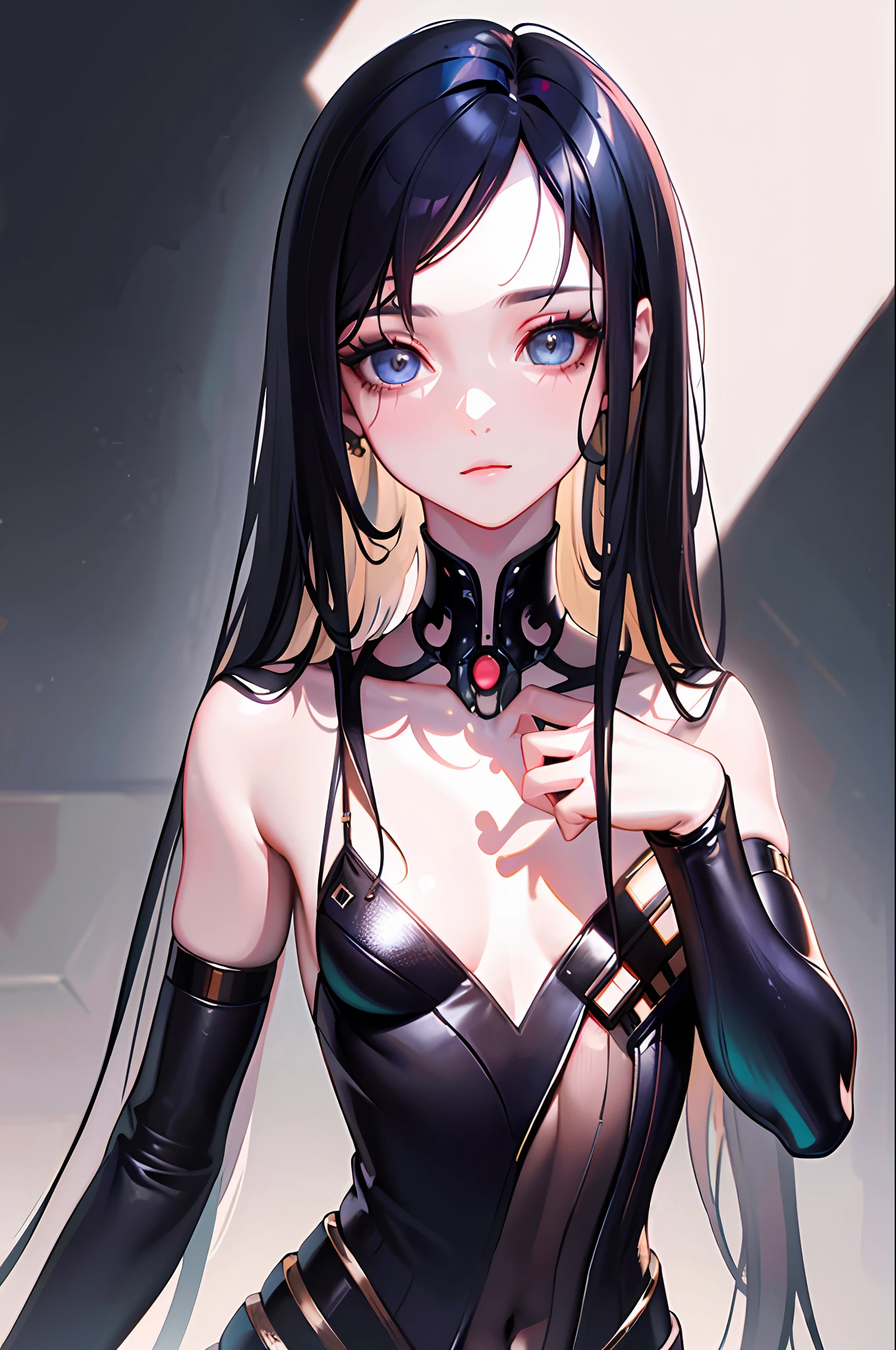 (masterpiece, sidelighting, finely detailed beautiful eyes: 1.2), (upper body) (masterpiece*portrait), realistic, 3d face, lusious skin, ((solo)), perfect face, (close-up of face), head and neck length 2 to 1, (high detail skin, visible pores)), slender body , beautiful cyberpunk girl, small breasts, cyberpunk jumpsuit, thigh root