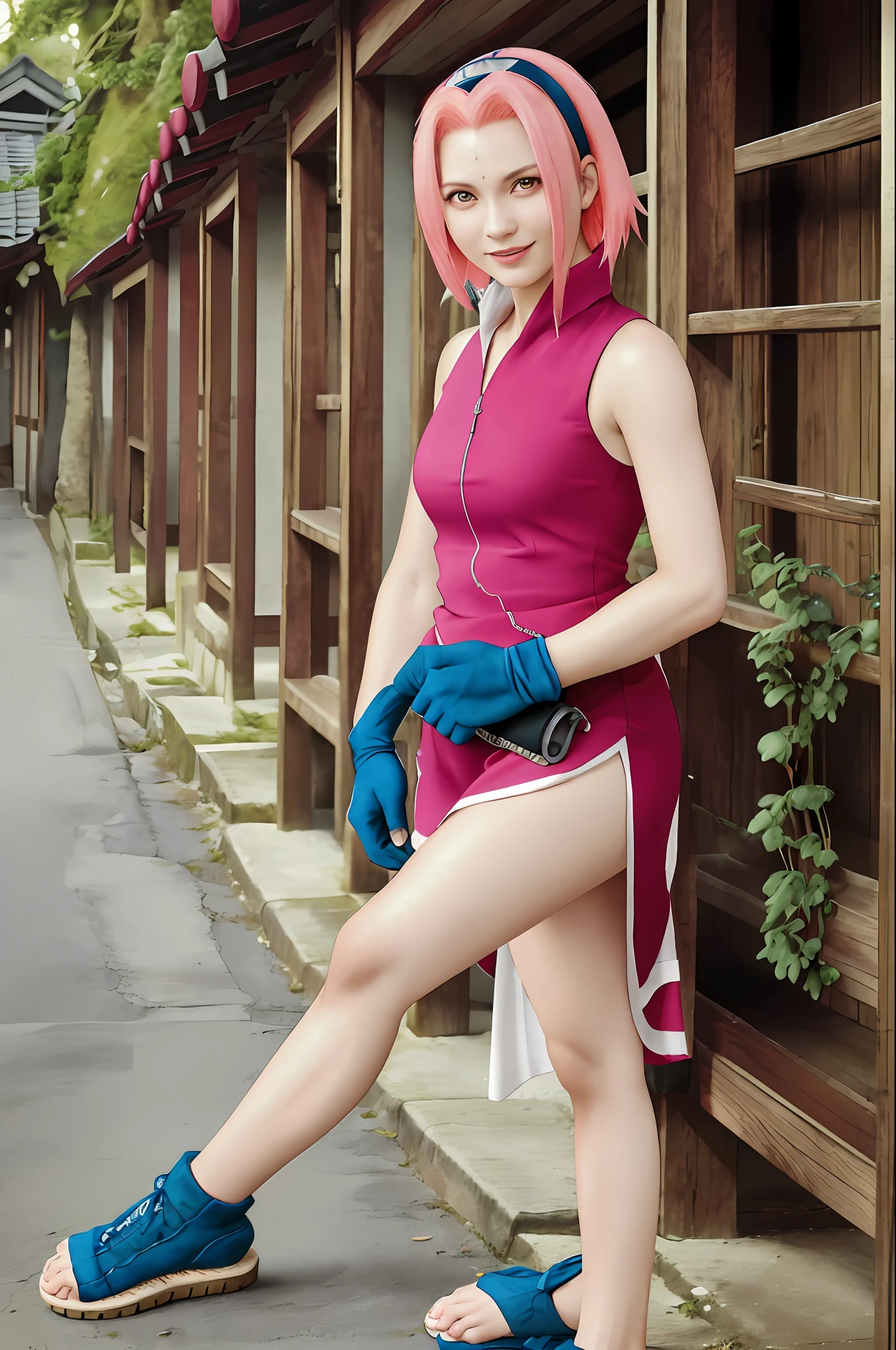 1girl, (8k, RAW photo, best quality, masterpiece: 1.2), (ultra highres: 1.0), detailed illustration, (real person, fashion photography portrait, photography), detailed, detailed beautiful skin, (realistic, photo-realistic: 1.37), SakuraNS, solo, professional lighting,
pink dress with flower), village, east asian architecture, trees, village hidden in the background of leaves, looking_at_viewer, smile, forehead flower, red_hairband, pink hair, green eyes, mitain, shoes without toless, kunai, face mark, konohagakure symbol, fighting_stance, fence, ninja, fit gloves, sleeveless, neckline, sexy